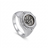 925 Silver Italian Roaring Lion Ancient Coin Diamond Ring
