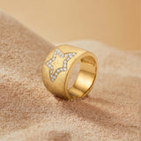 925 Silver Electroplated 18K Gold Wide Brushed Star Zircon Ring