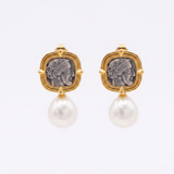 925 Silver Plated 18K Gold Italian Athena Pearl Coin Stud Earrings