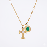 925 Silver Plated 18K Gold Italian Emerald Cross Duo Pendant Necklace