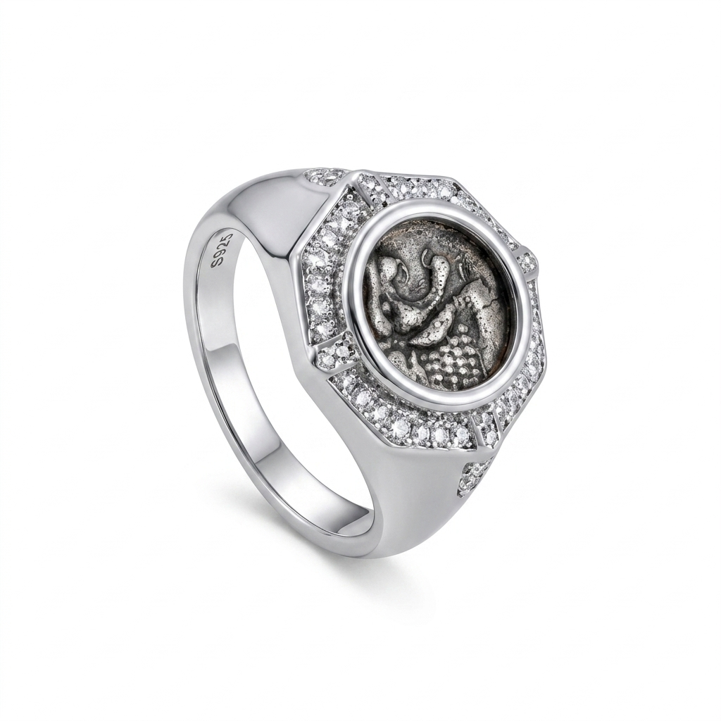 925 Silver Italian Roaring Lion Ancient Coin Diamond Ring