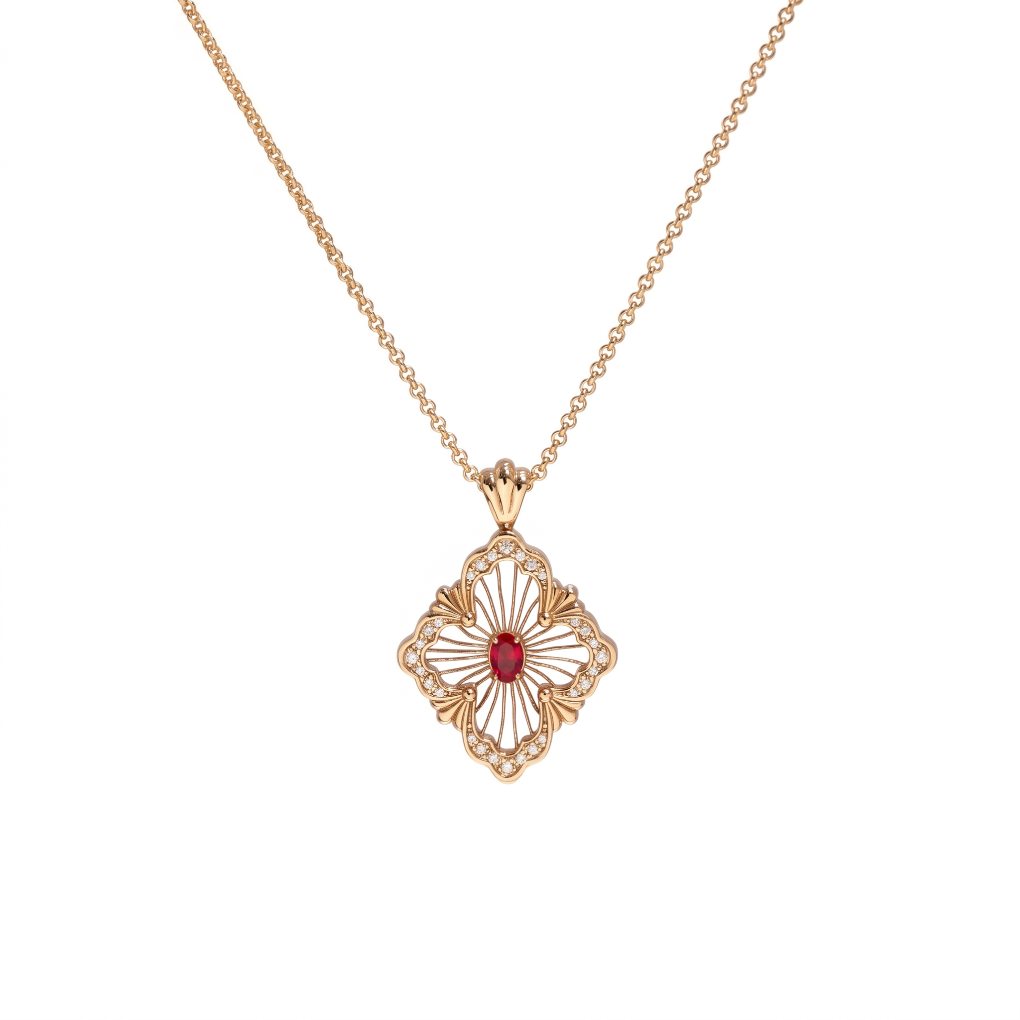 925 Silver Plated 18K Gold Italian Vintage Florence Ruby Radiant Pendant Necklace