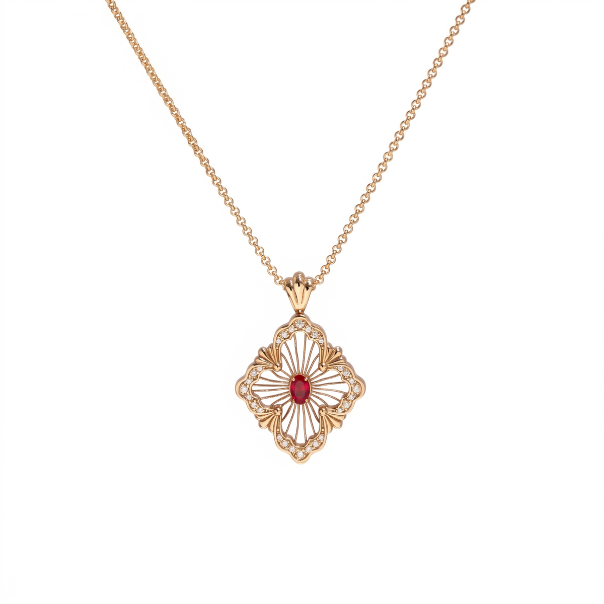 925 Silver Plated 18K Gold Italian Vintage Florence Ruby Radiant Pendant Necklace