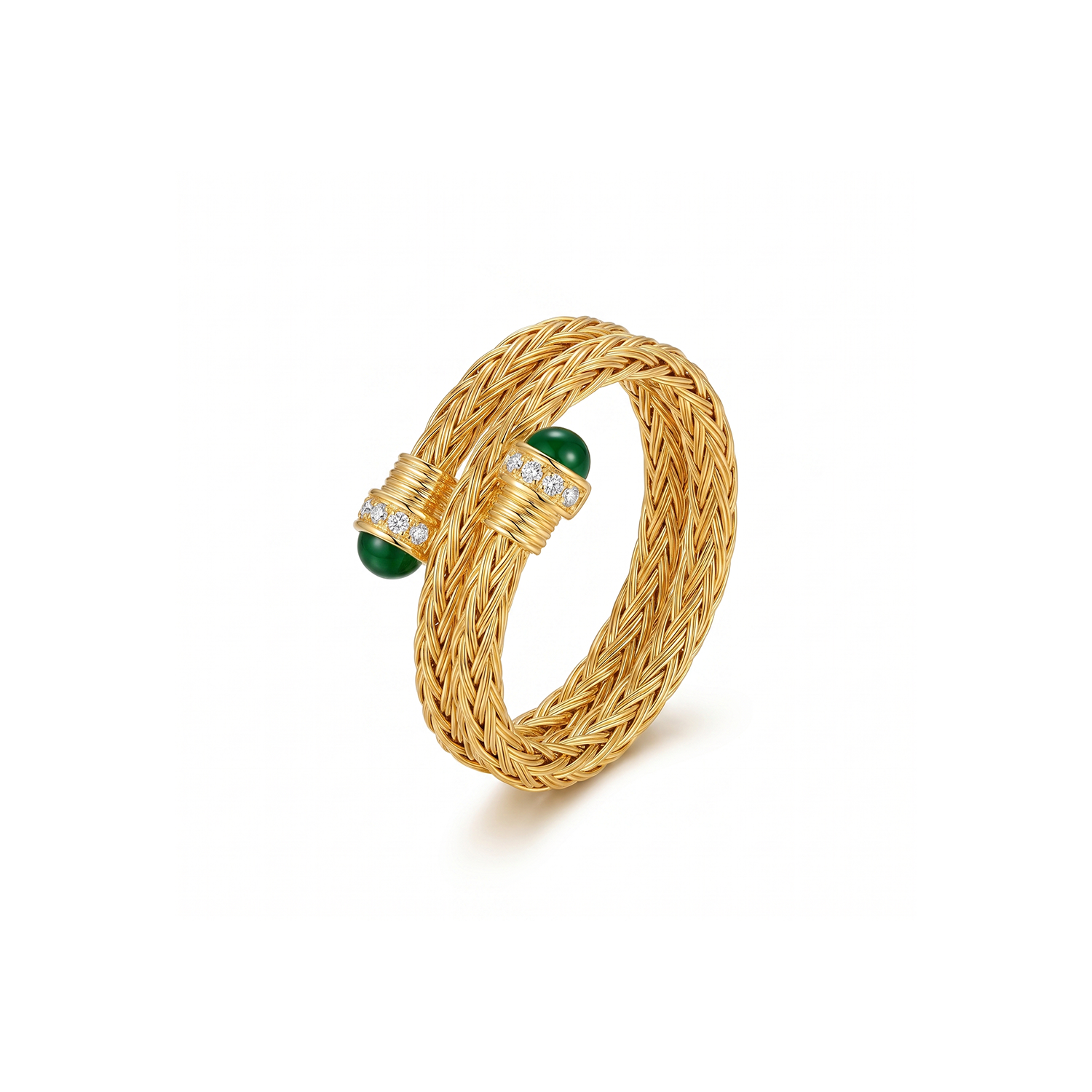 925 Silver-Plated 18K Gold Italian Woven Green Bead Zircon Open Ring