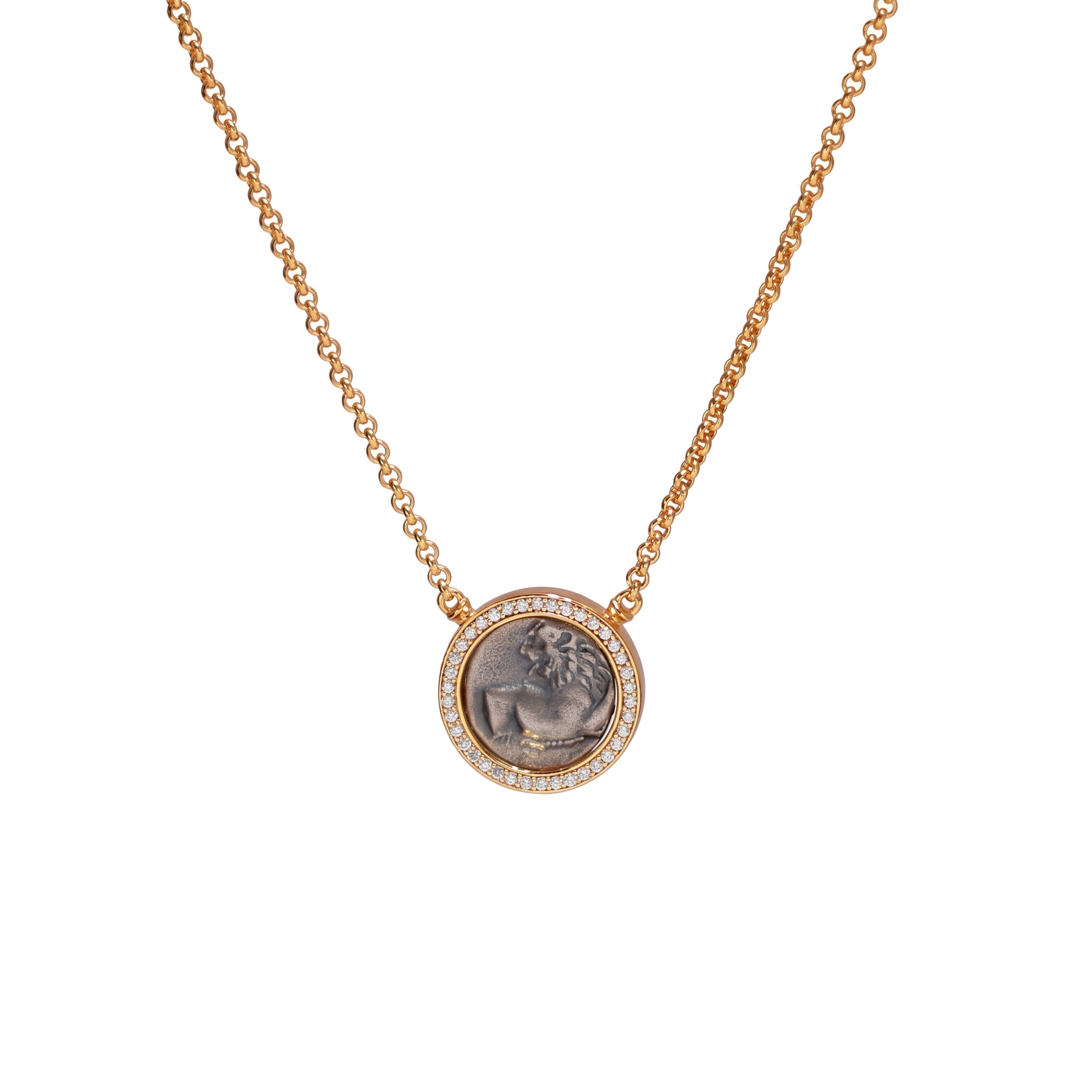 925 Silver Plated 18K Gold Italian Ancient Greek Lion Coin Pavé Halo Necklace