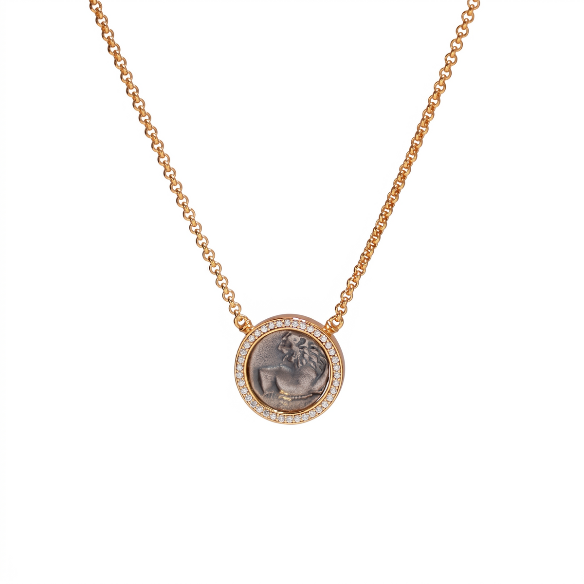 925 Silver Plated 18K Gold Italian Ancient Greek Lion Coin Pavé Halo Necklace