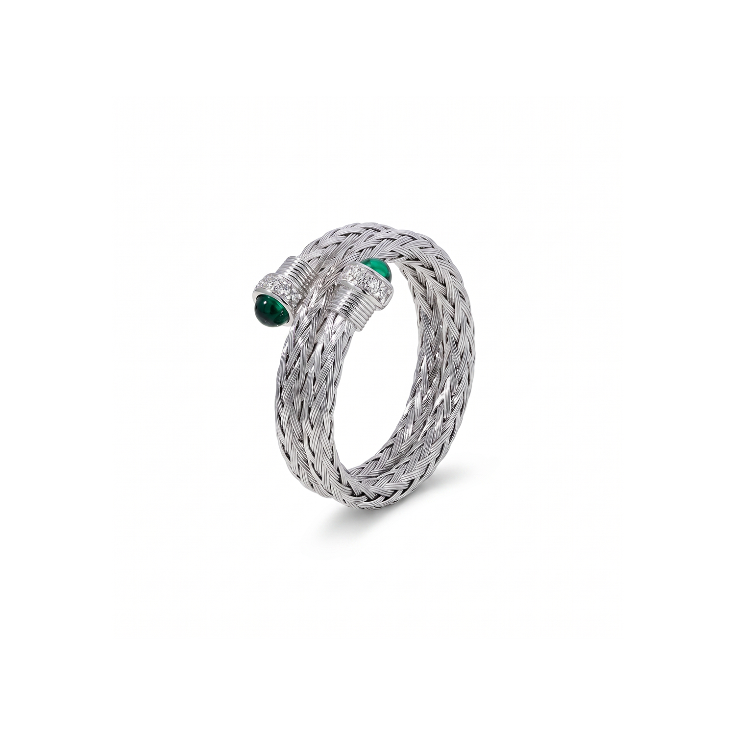 925 Silver-Plated 18K Gold Italian Woven Green Bead Zircon Open Ring