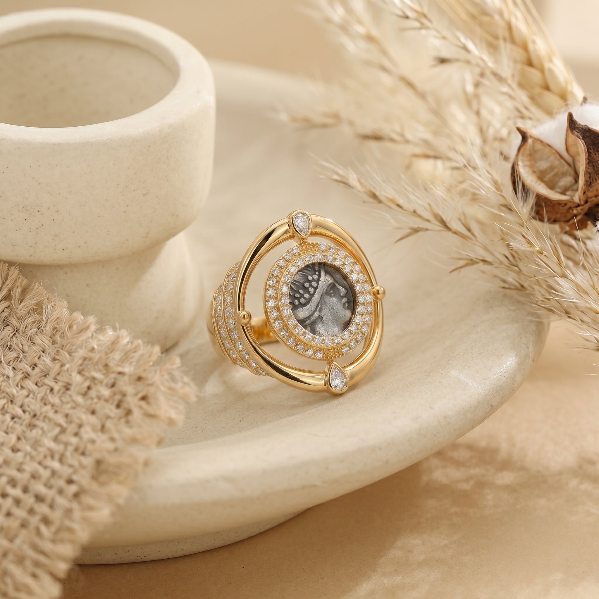 925 Silver Plated 18K Gold Italian Amazon Warrior Rotating Ring