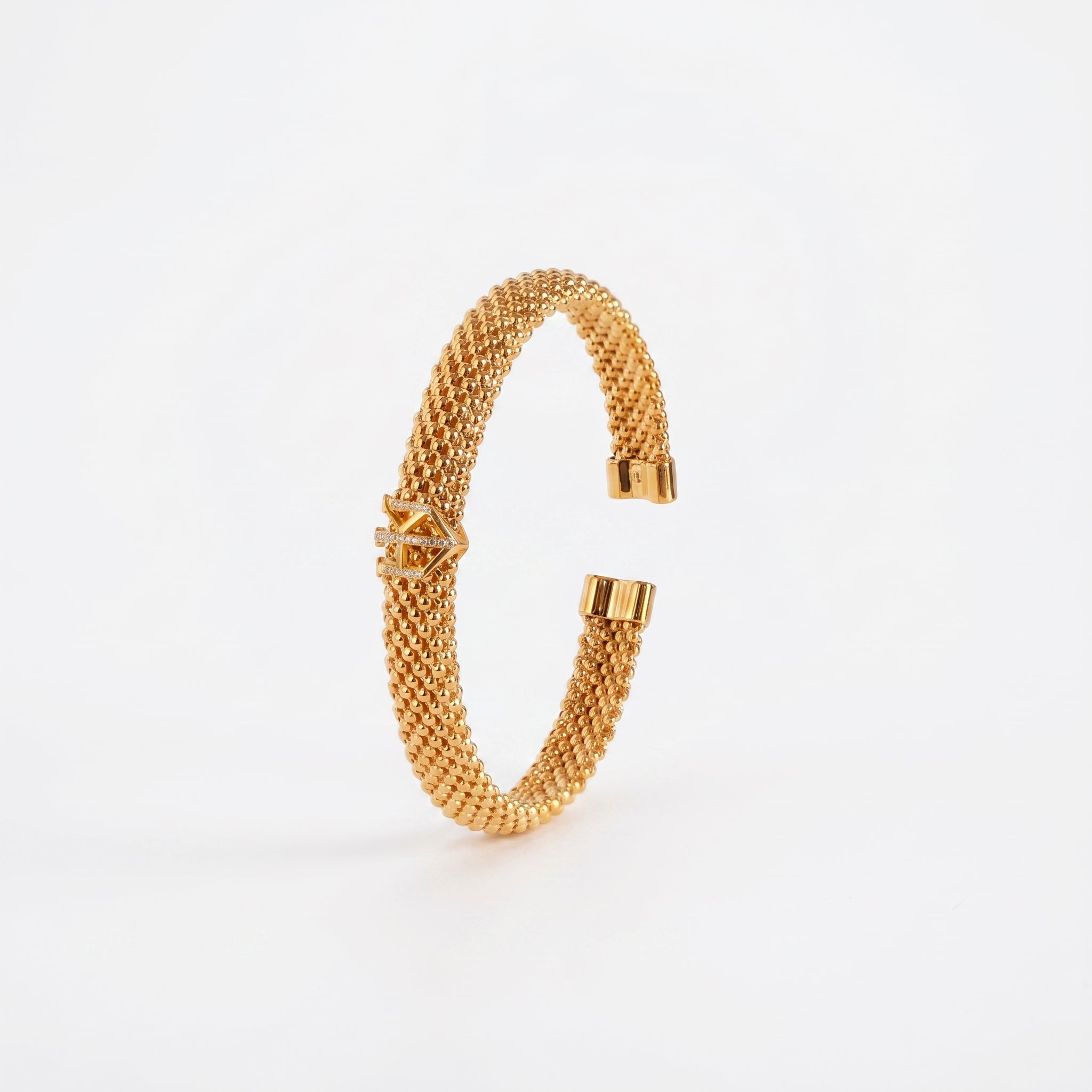 925 Silver-Plated 18K Gold Italian Popcorn Mesh Chain VITA-Shaped Zircon Open Bracelet
