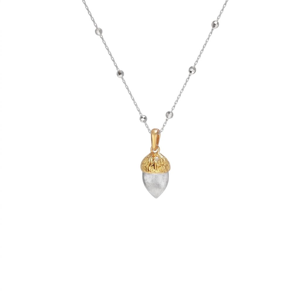 925 Silver Plated 18K Gold Italian Textured Acorn Pendant Necklace