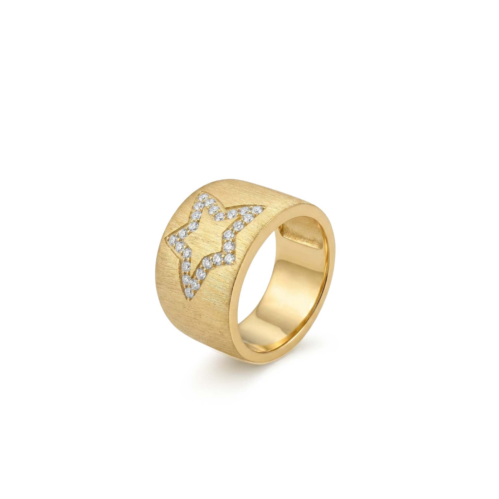 925 Silver Electroplated 18K Gold Wide Brushed Star Zircon Ring