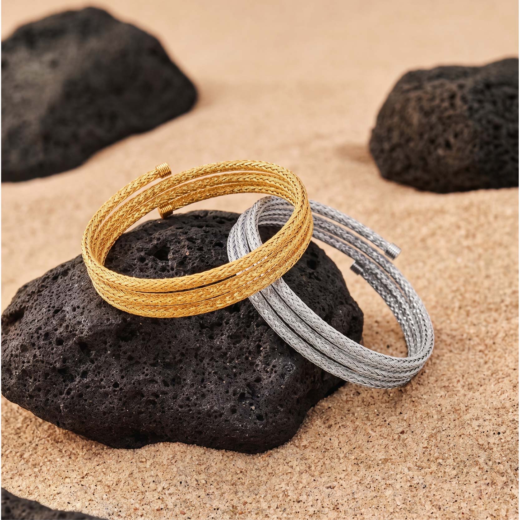 925 Silver-Plated 18K Gold Triple-Woven Open Bracelet