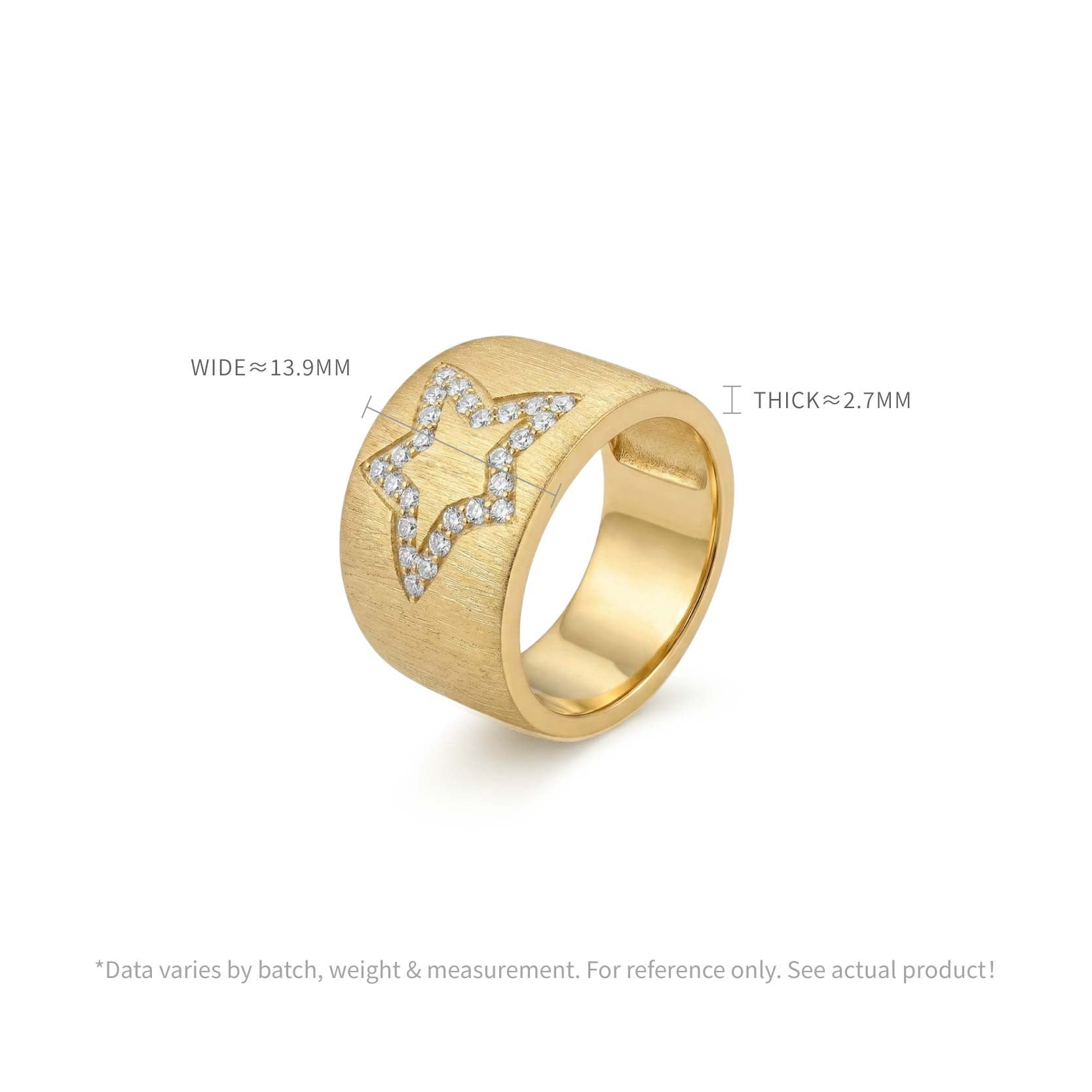 925 Silver Electroplated 18K Gold Wide Brushed Star Zircon Ring