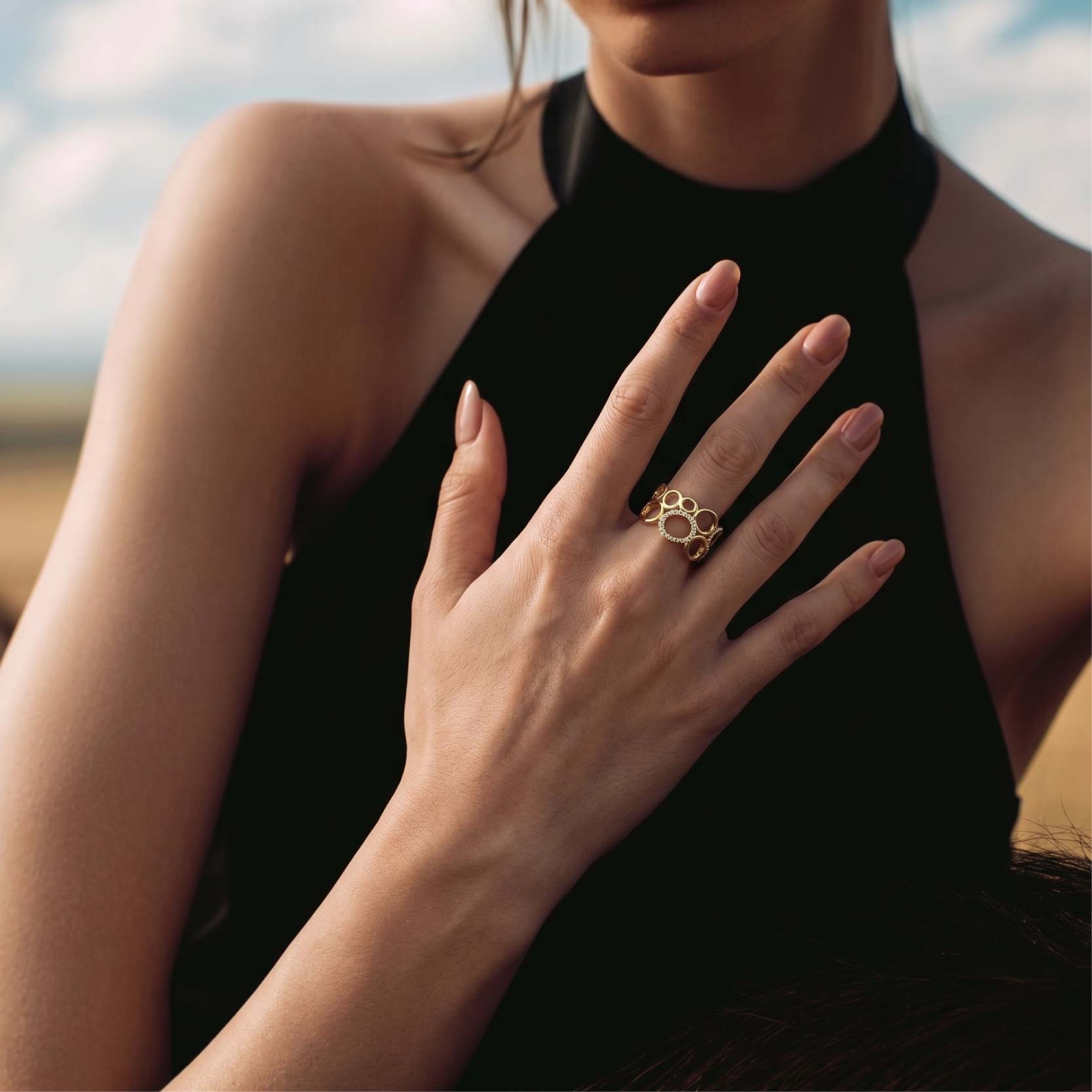 925 Silver Electroplated 18K Gold Hollowed-Out Interwoven Oval Zircon Ring