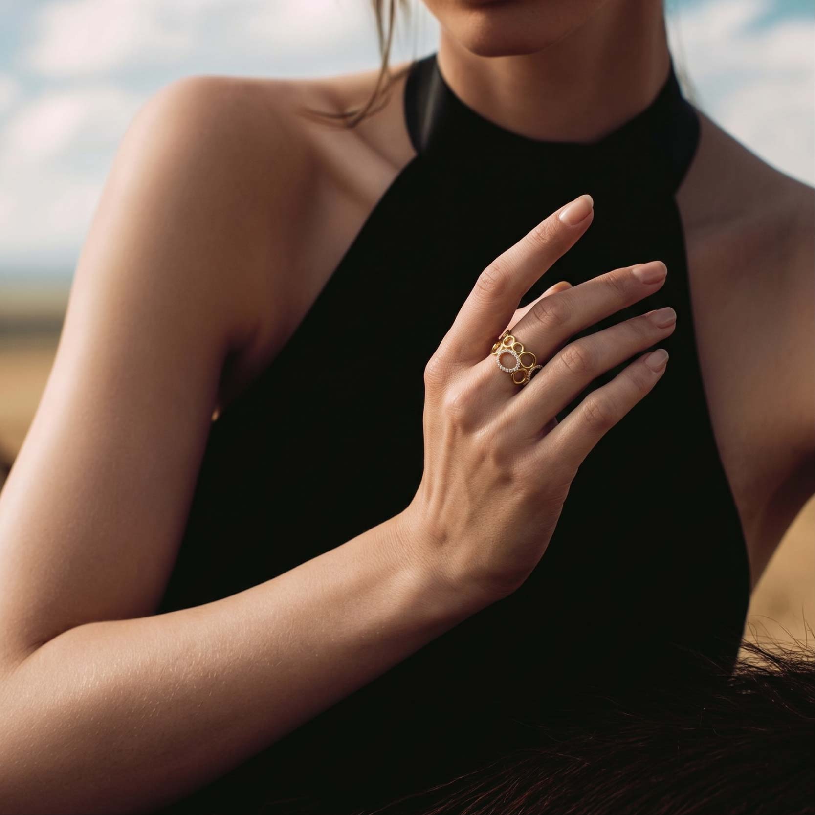 925 Silver Electroplated 18K Gold Hollowed-Out Interwoven Oval Zircon Ring
