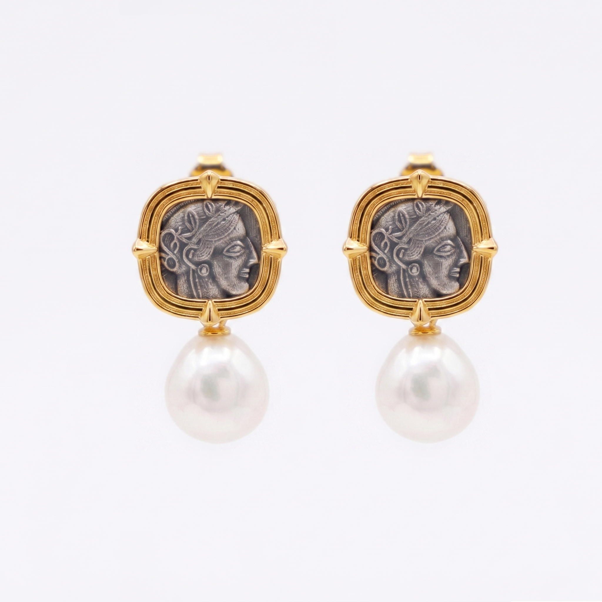 925 Silver Plated 18K Gold Italian Athena Pearl Coin Stud Earrings