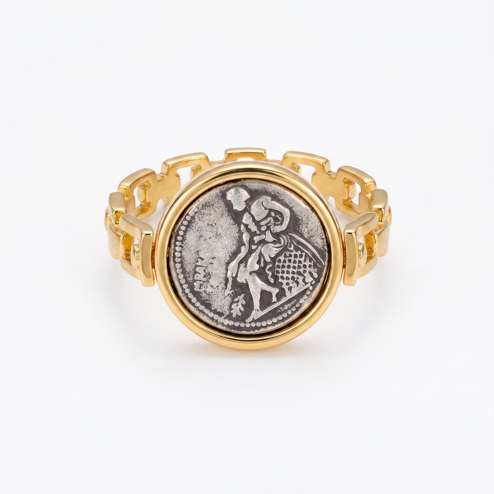 925 Silver Plated 18K Gold Italian Chain Link Ancient Coin Ring