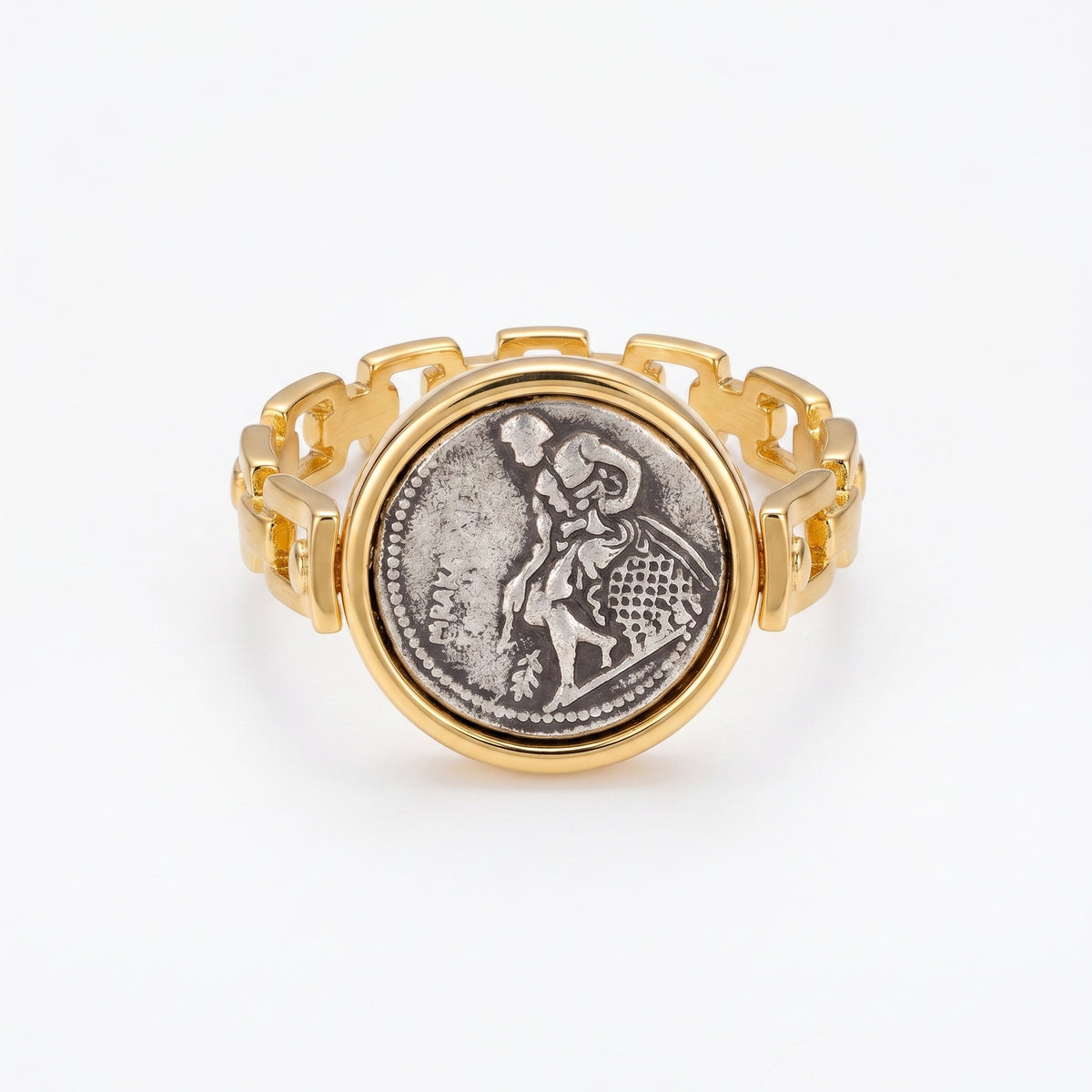925 Silver Plated 18K Gold Italian Chain Link Ancient Coin Ring