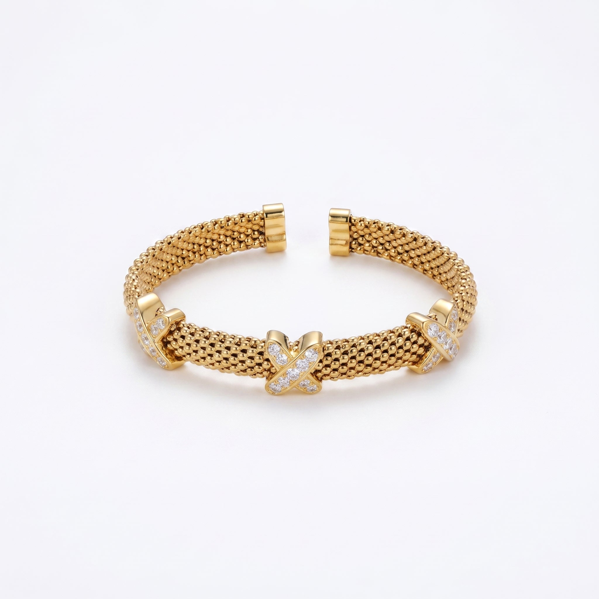 925 Silver-Plated 18K Gold Italian Popcorn Mesh Chain X-Shaped Zircon Open Bracelet