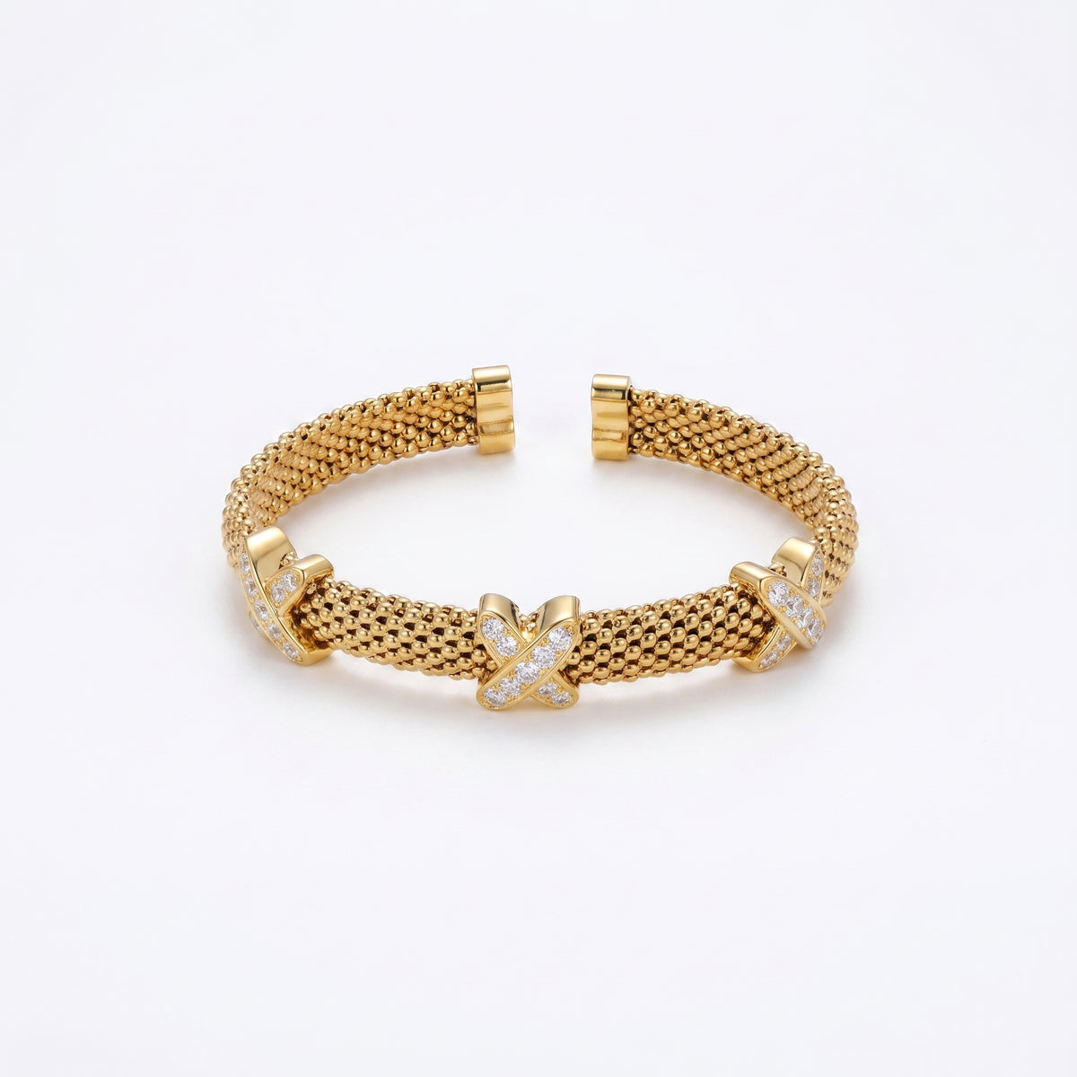 925 Silver-Plated 18K Gold Italian Popcorn Mesh Chain X-Shaped Zircon Open Bracelet