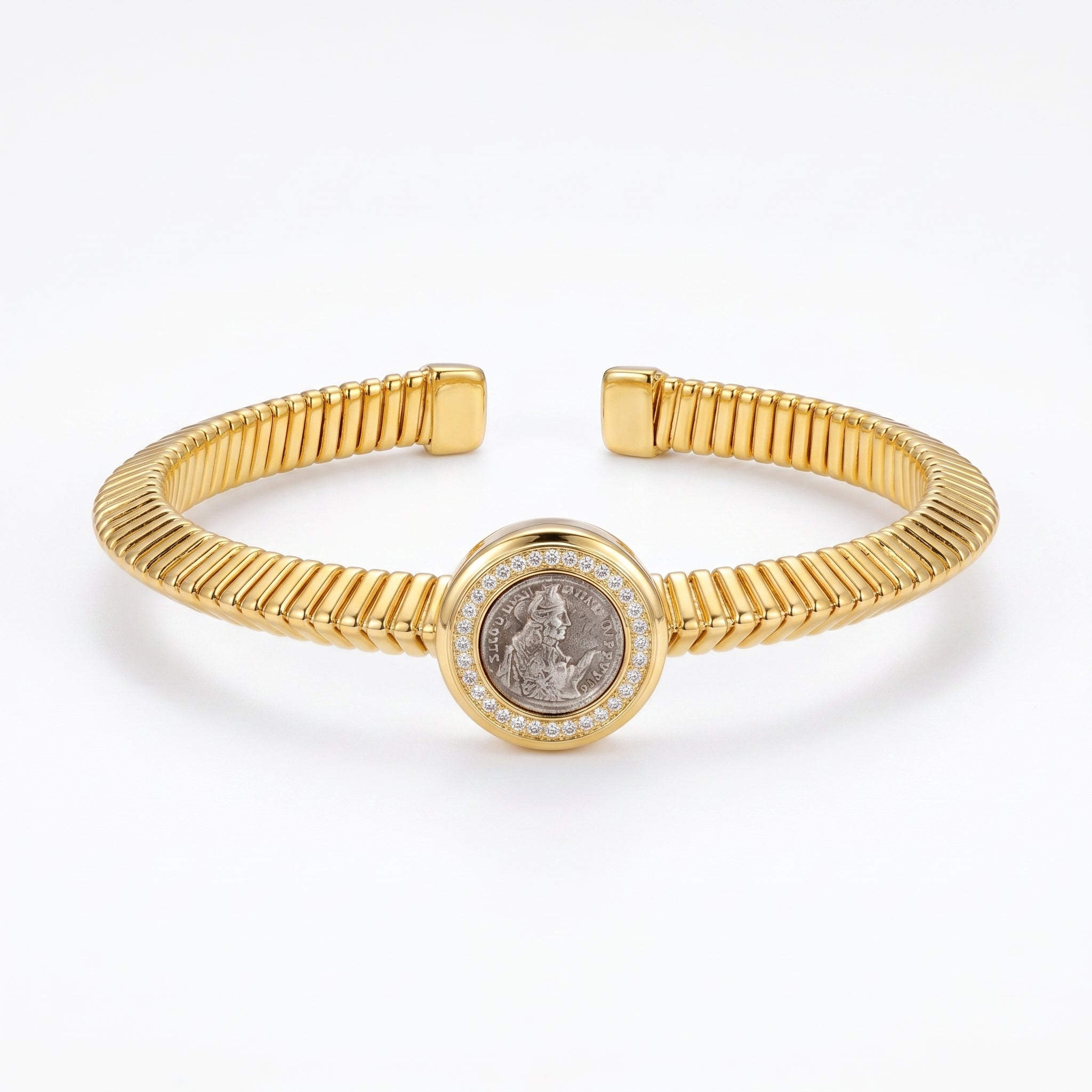 925 Silver Plated 18K Gold Ancient Coin Italian Zircon Texture Open Bracelet