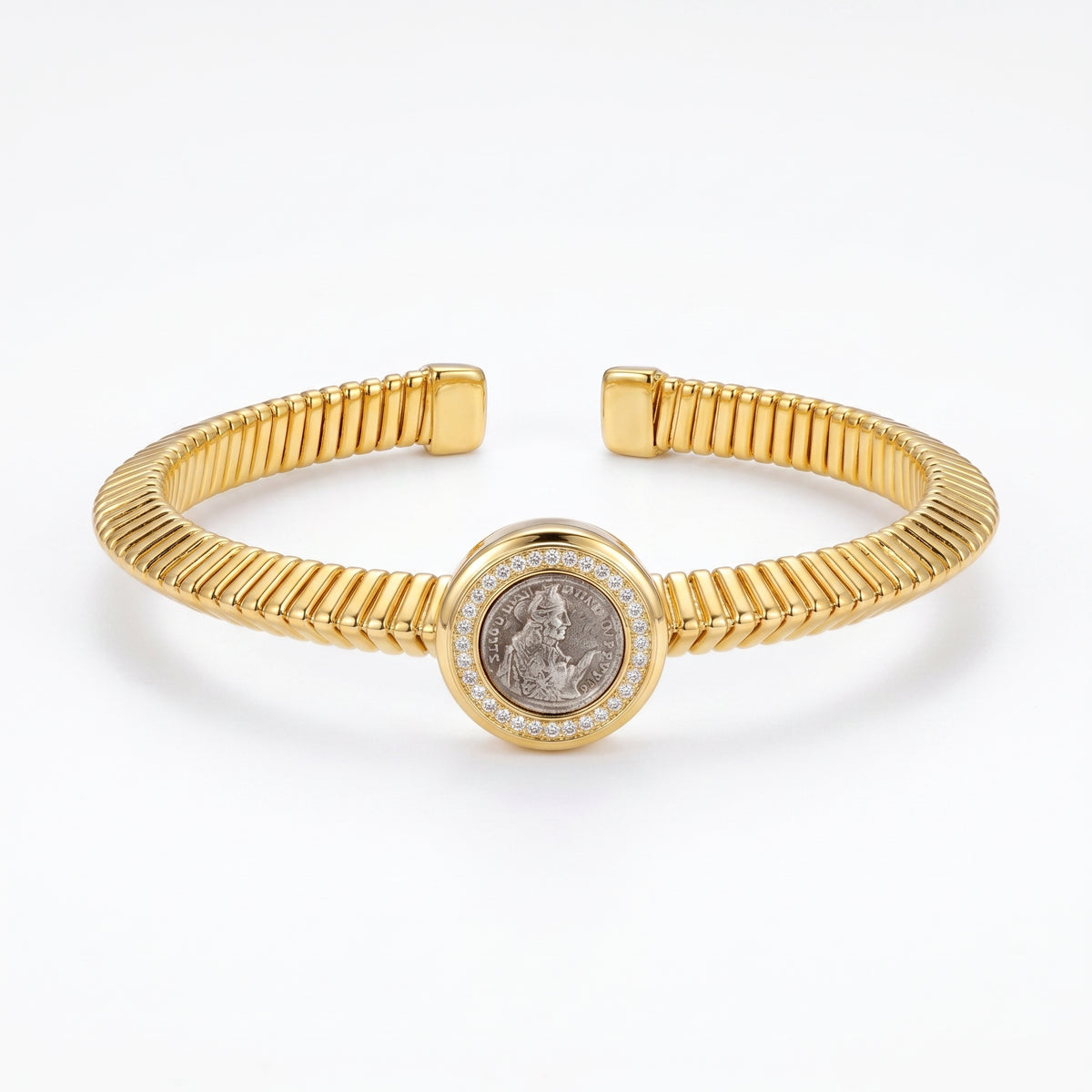 925 Silver Plated 18K Gold Ancient Coin Italian Zircon Texture Open Bracelet