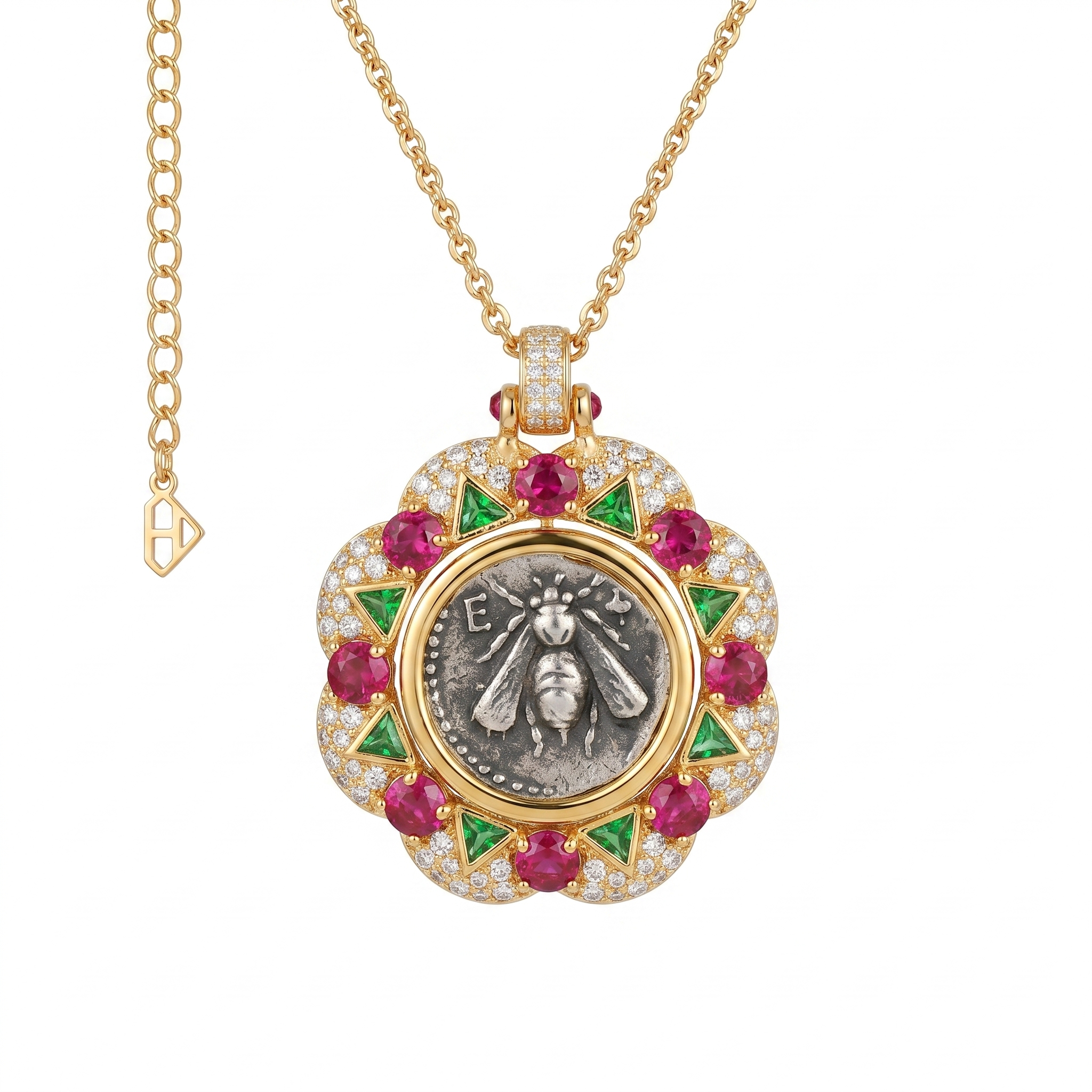 925 Silver Plated 18K Gold Italian Queen Bee Ancient Coin Pendant Necklace