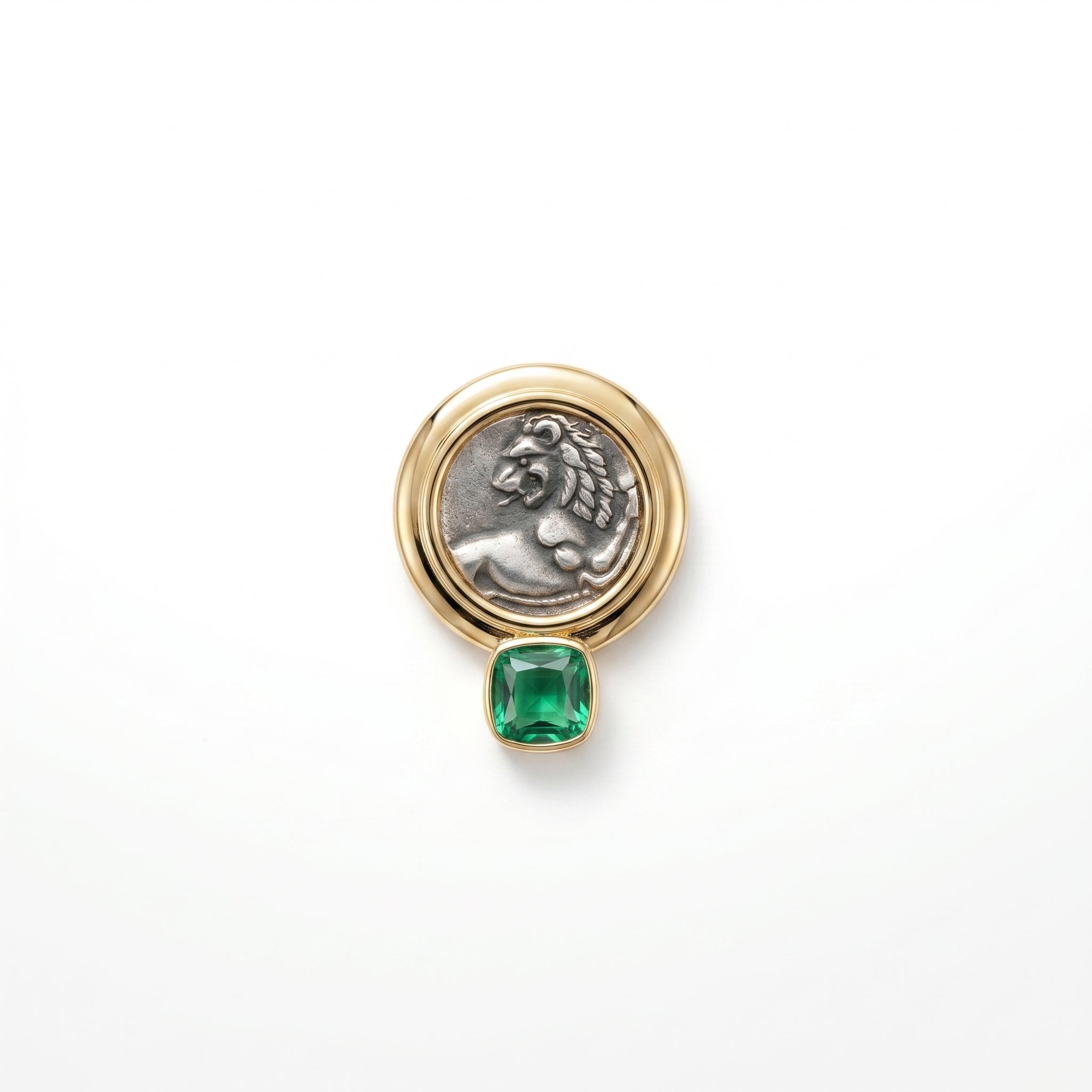 925 Silver Plated 18K Gold Italian Lion with Emerald Coin Earrings
