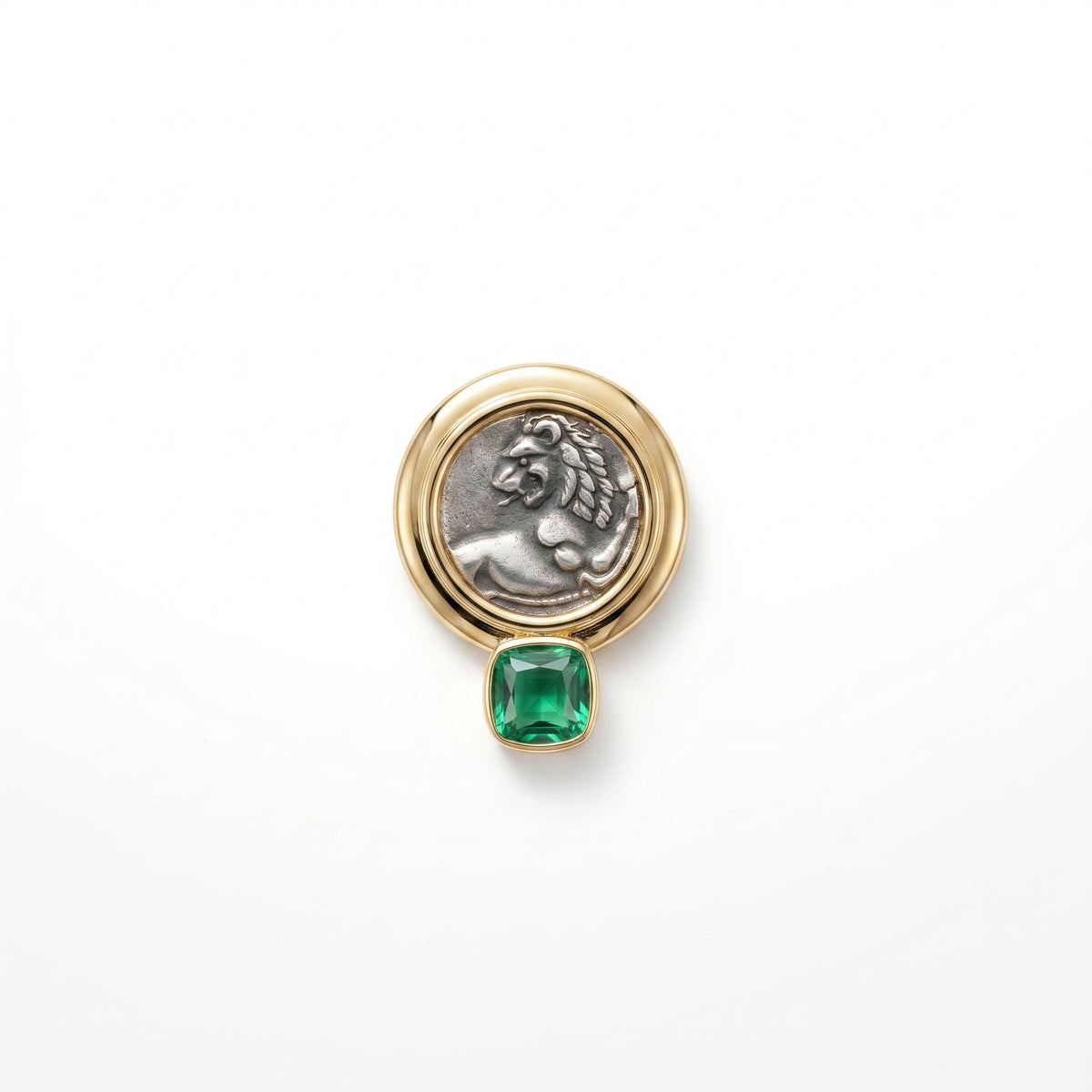 925 Silver Plated 18K Gold Italian Lion with Emerald Coin Earrings