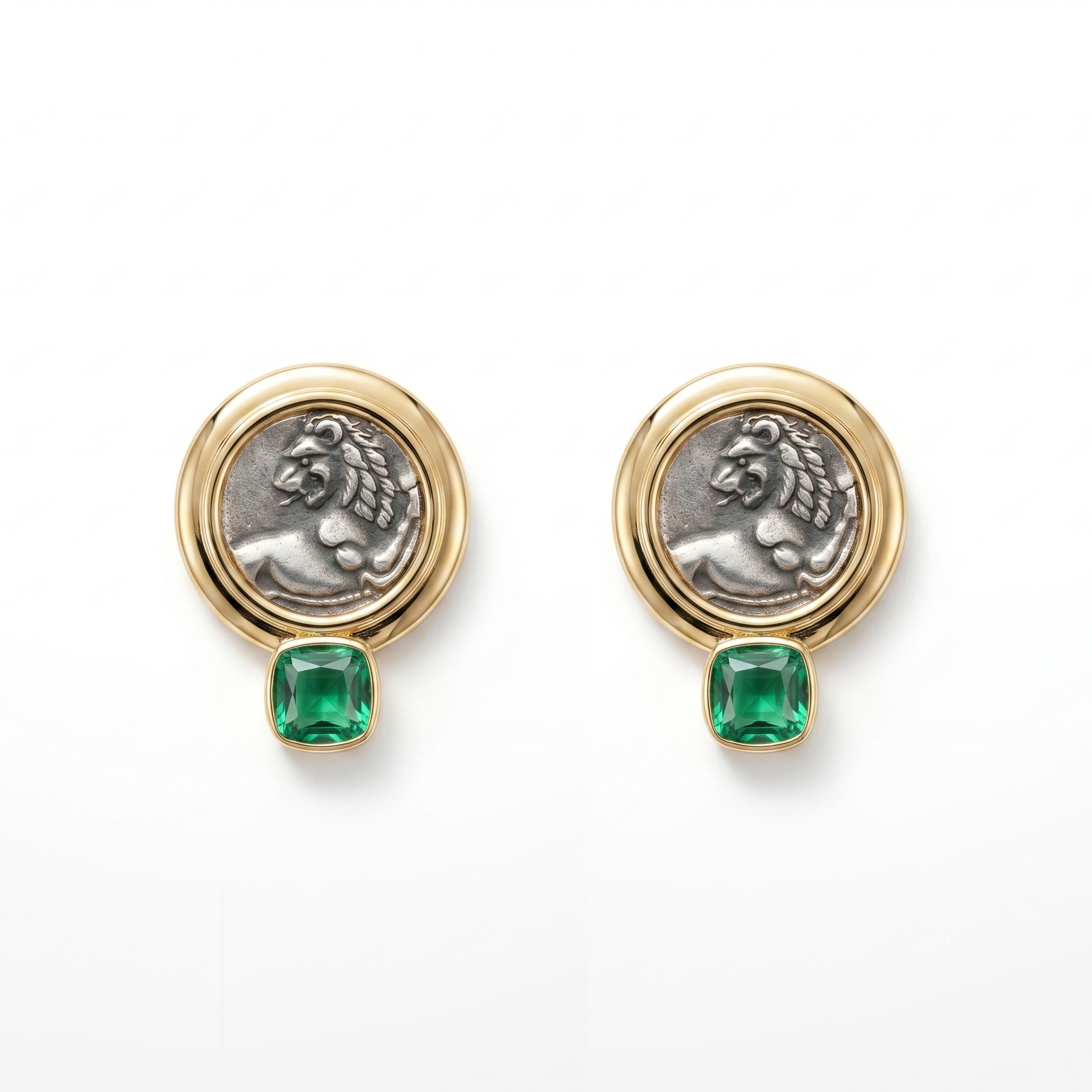 925 Silver Plated 18K Gold Italian Merido Lion Ancient Coin Emerald Earrings