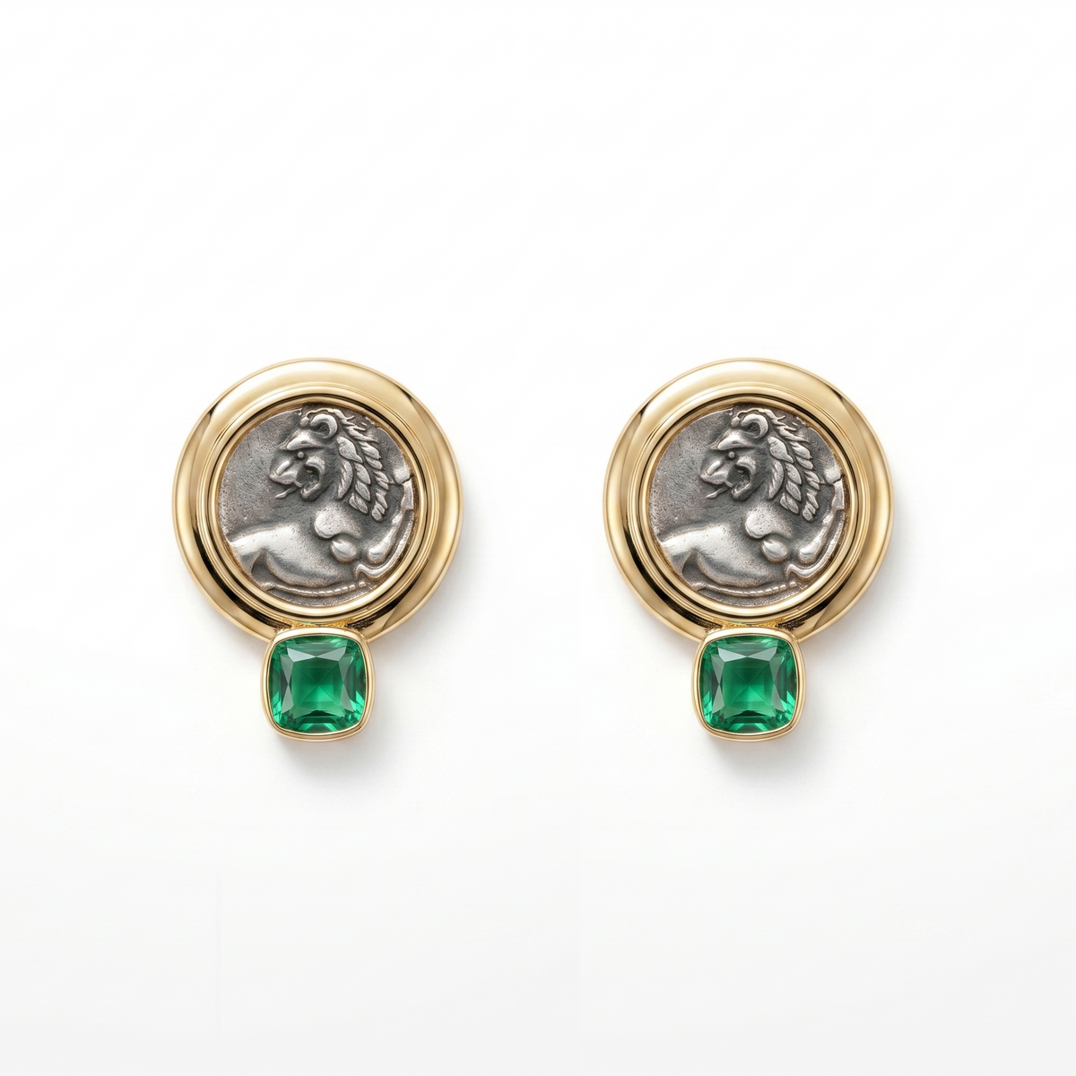 925 Silver Plated 18K Gold Italian Merido Lion Ancient Coin Emerald Earrings