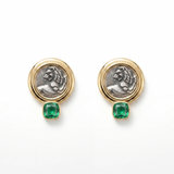 925 Silver Plated 18K Gold Italian Lion with Emerald Coin Earrings