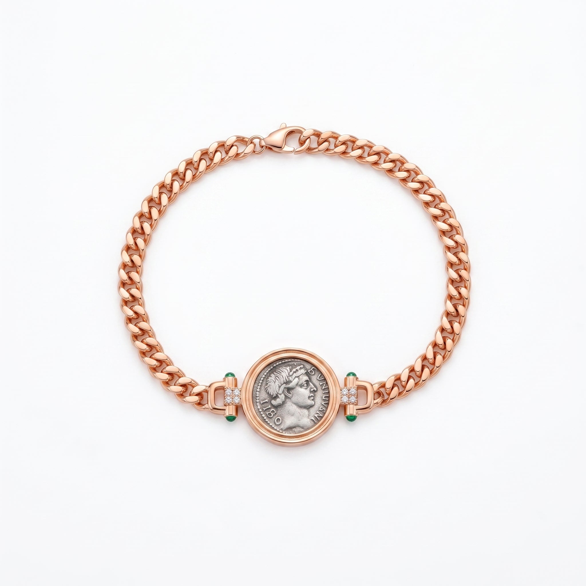 925 Silver Plated 18K Gold Italian Square Diamond Ancient Coin Bracelet