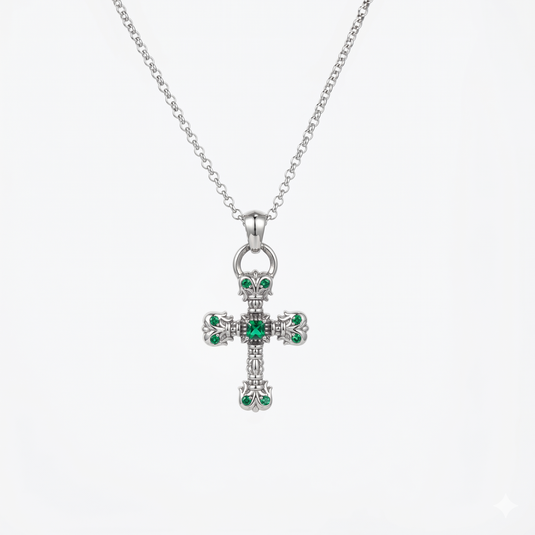 925 Silver Italian Royal Emerald Cross Pendant Necklace