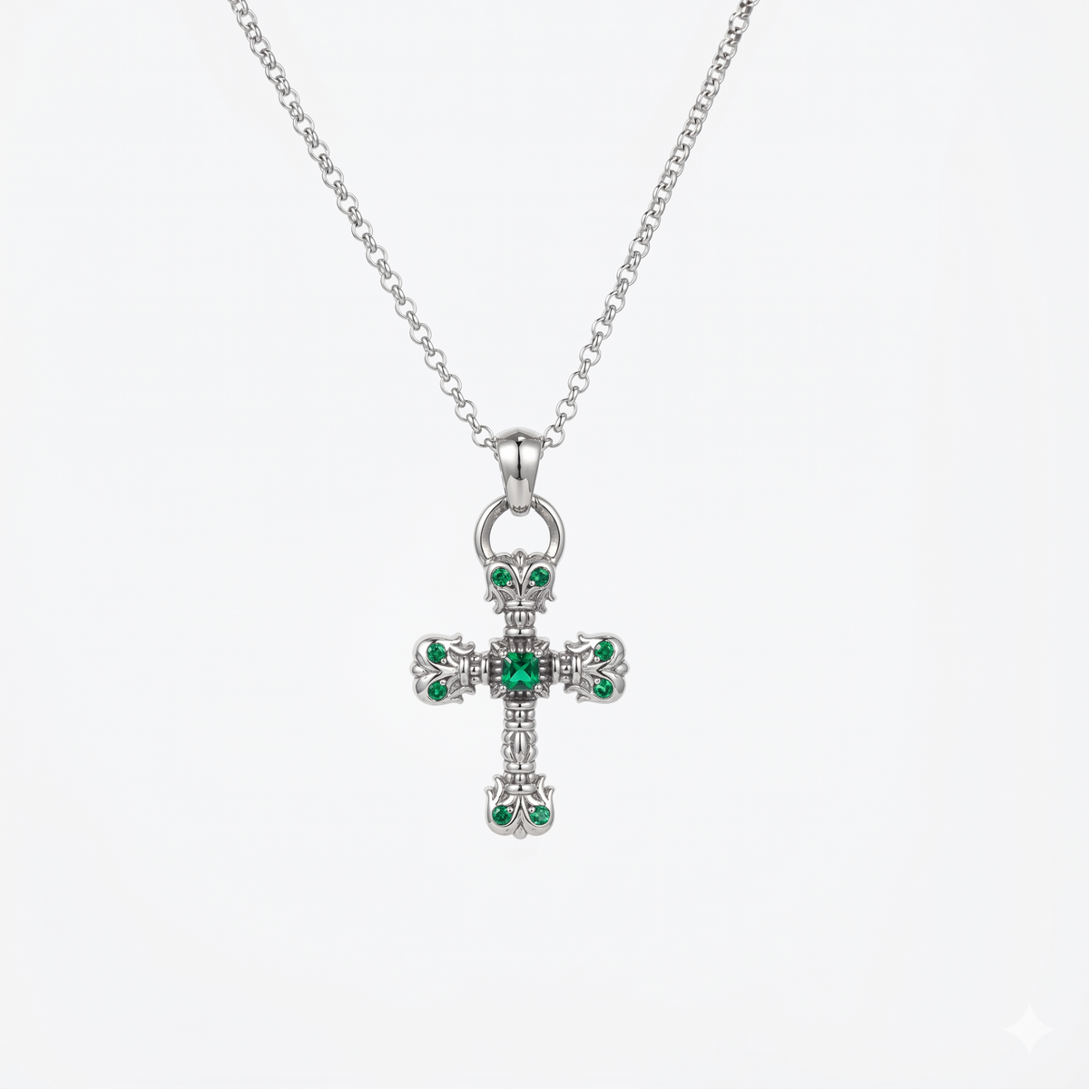 925 Silver Italian Royal Emerald Cross Pendant Necklace