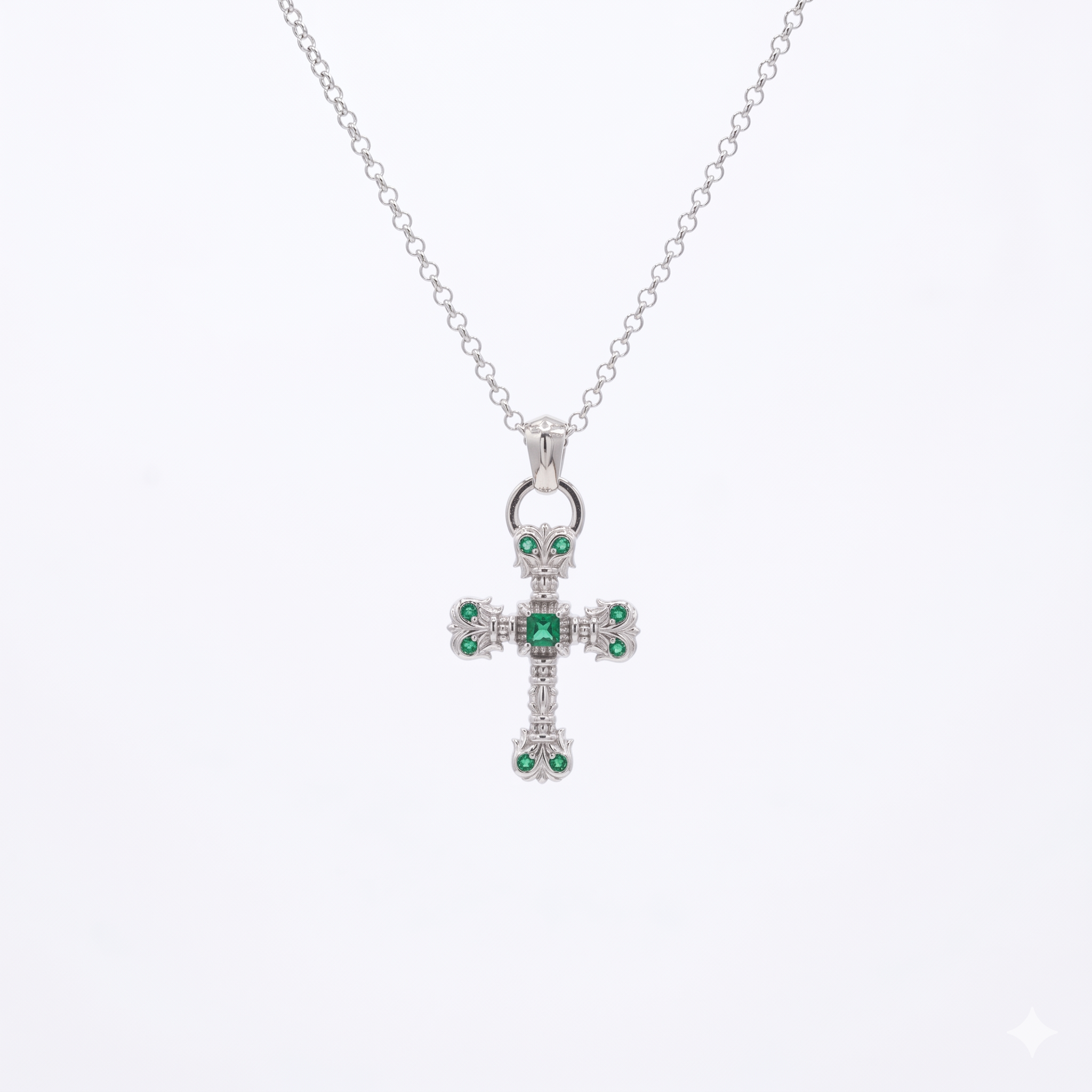 925 Silver Italian Royal Emerald Cross Pendant Necklace
