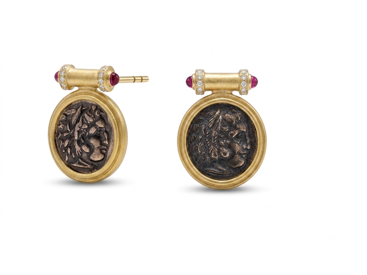 925 Silver Plated 18K Gold Italian Hercules Ancient Coin Earrings