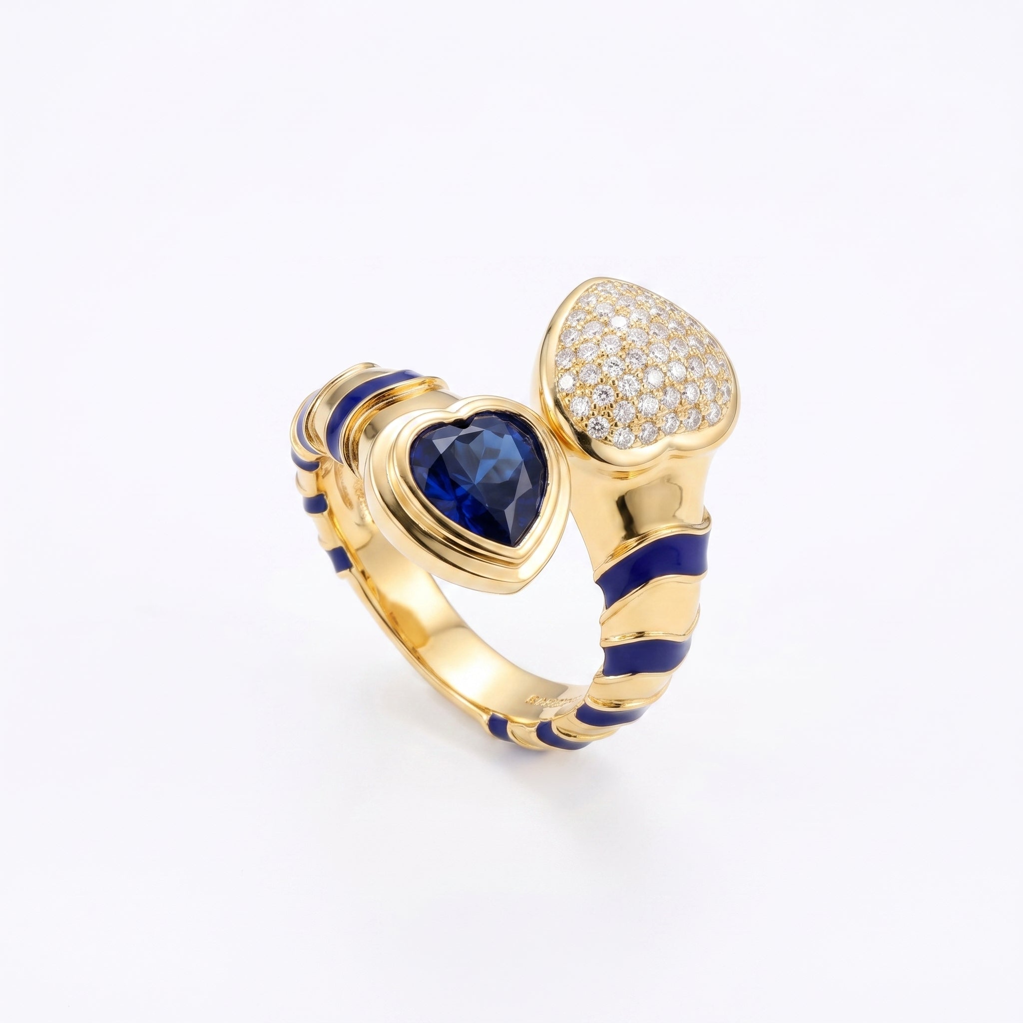 925 Silver Plated 18K Gold Italian Sapphire Hearts Open Ring