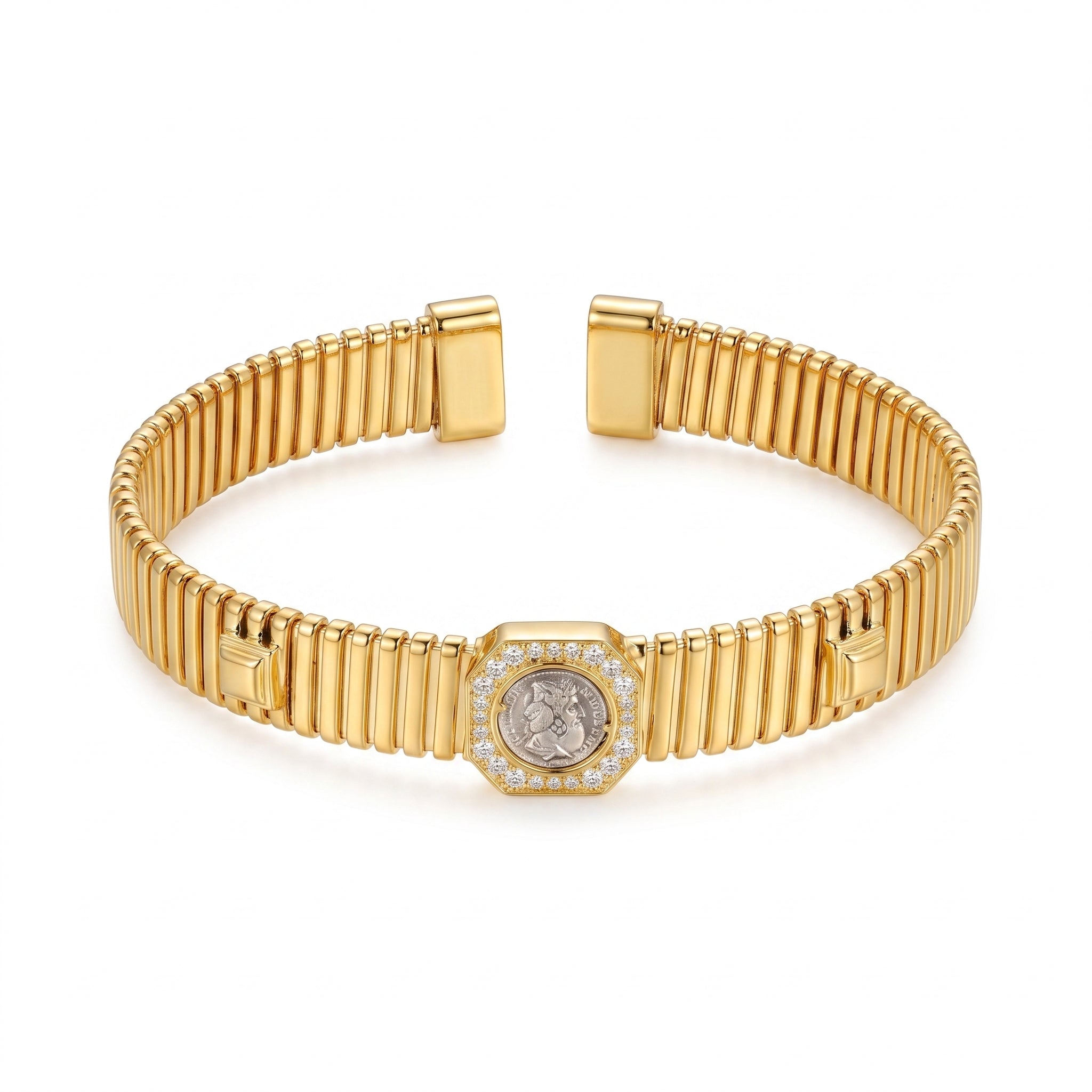 925 Silver-Plated 18K Gold Italian Antique Coin Zircon Vertical Pattern Open Bracelet