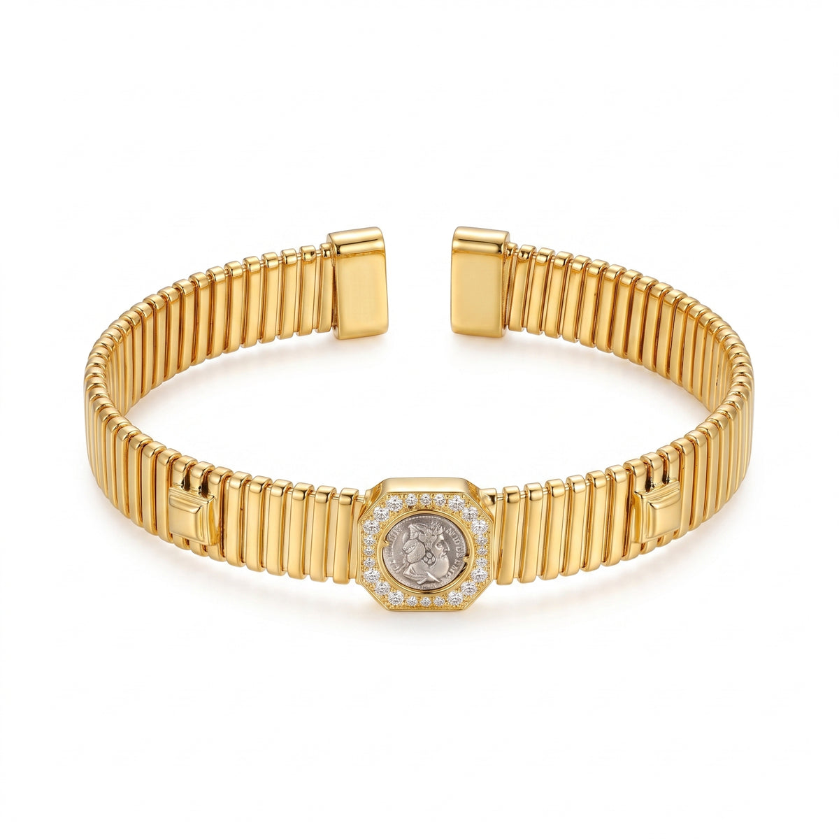 925 Silver-Plated 18K Gold Italian Antique Coin Zircon Vertical Pattern Open Bracelet