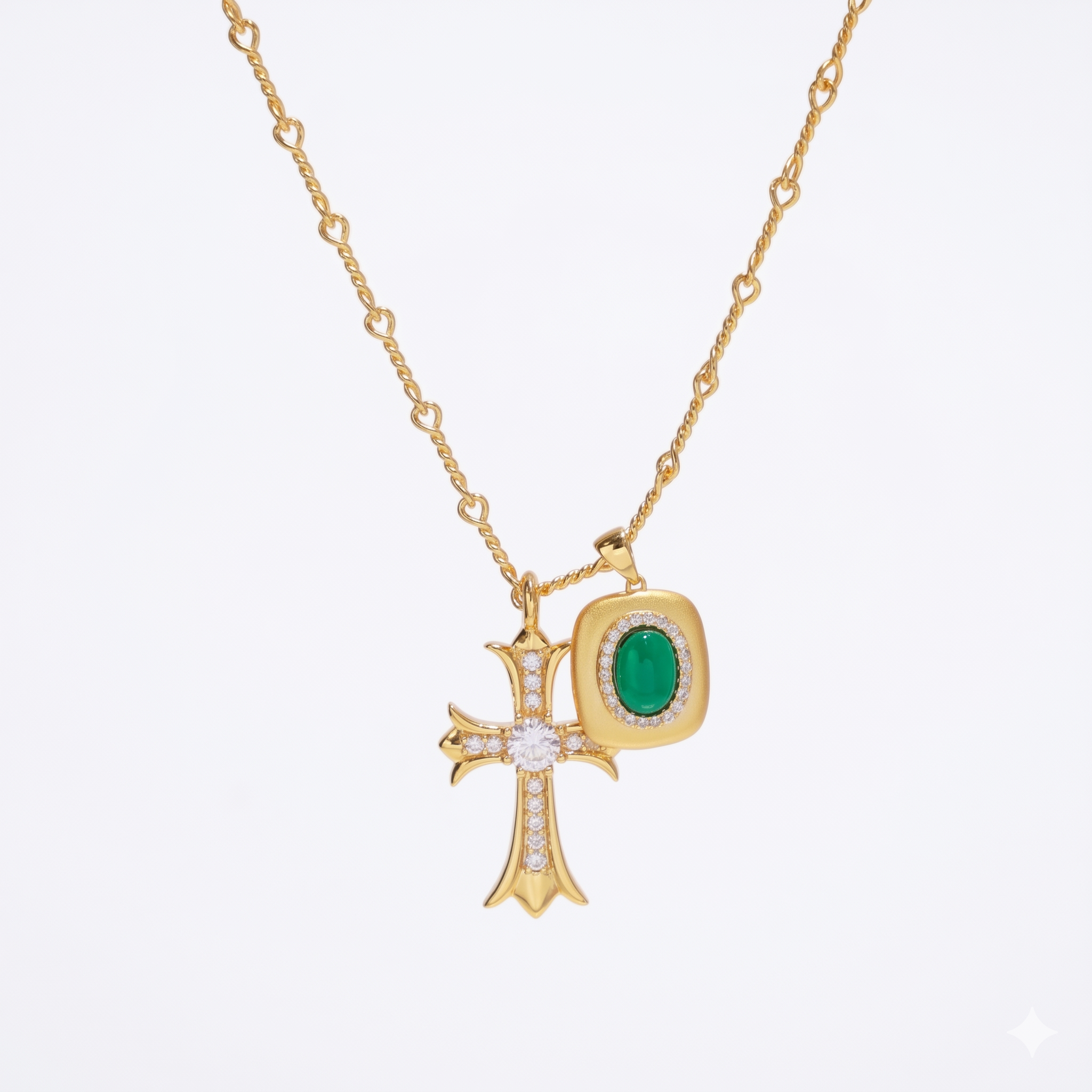 925 Silver Plated 18K Gold Italian Emerald Cross Duo Pendant Necklace