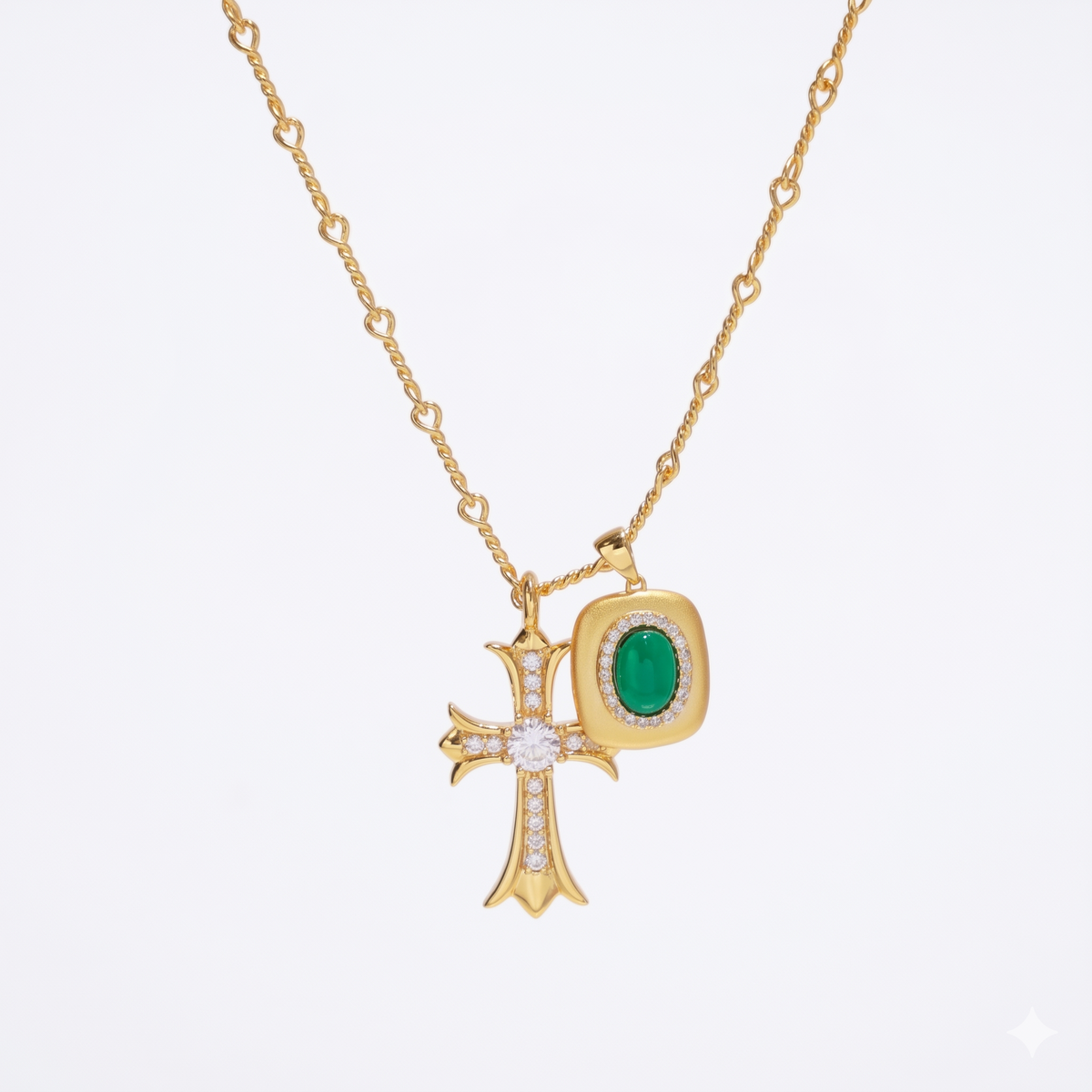 925 Silver Plated 18K Gold Italian Emerald Cross Duo Pendant Necklace