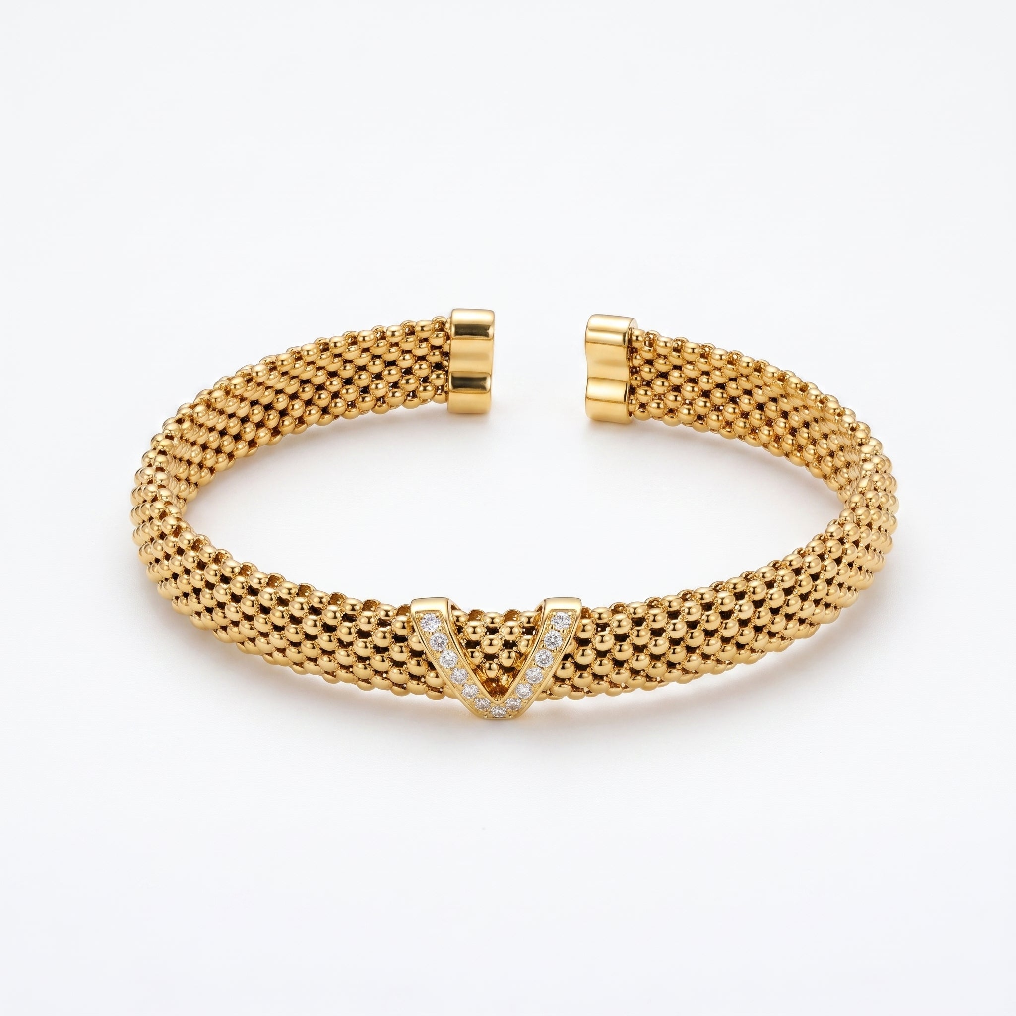 925 Silver Plated 18K Gold Italian Popcorn Mesh Chain V-Shaped Zircon Open Bracelet