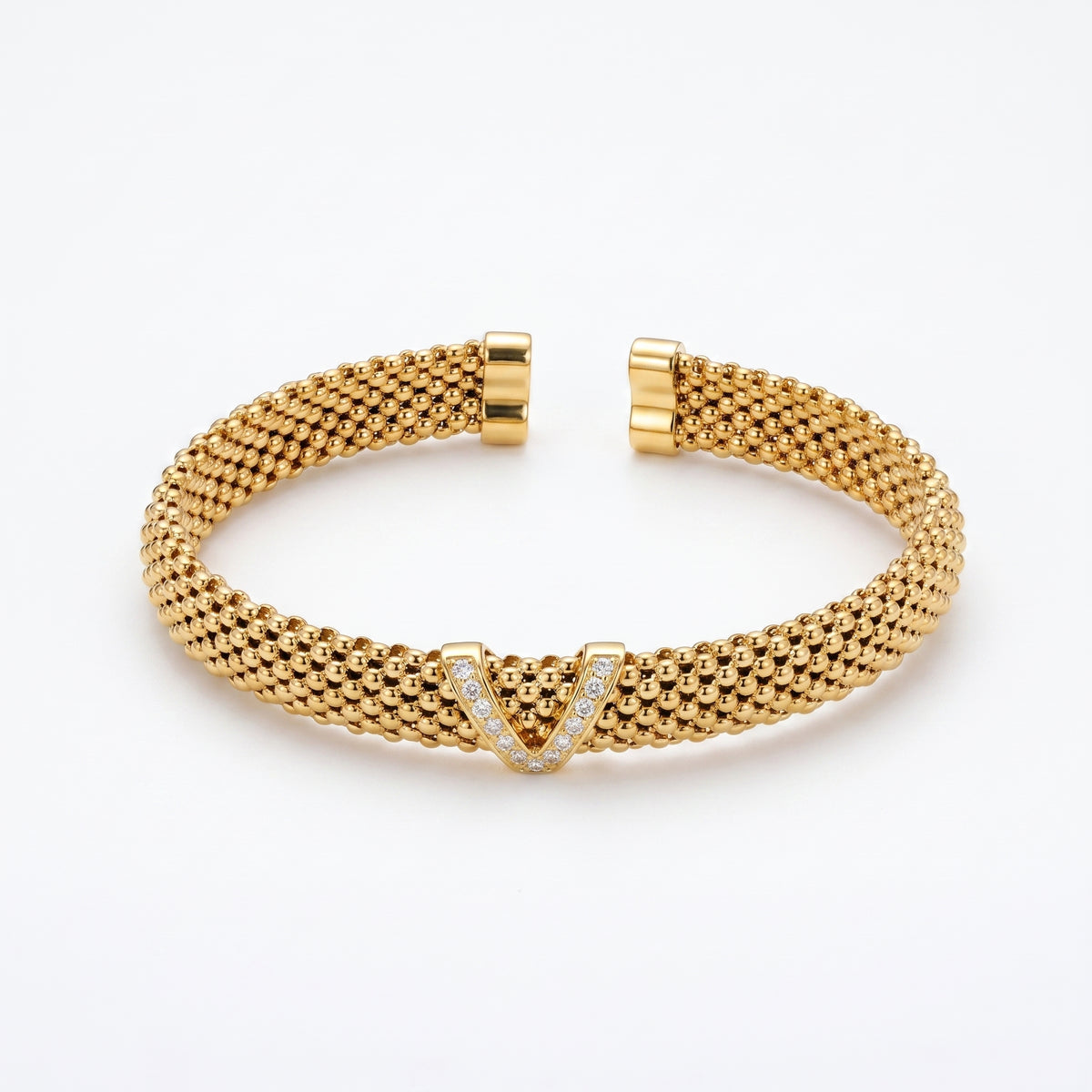 925 Silver Plated 18K Gold Italian Popcorn Mesh Chain V-Shaped Zircon Open Bracelet