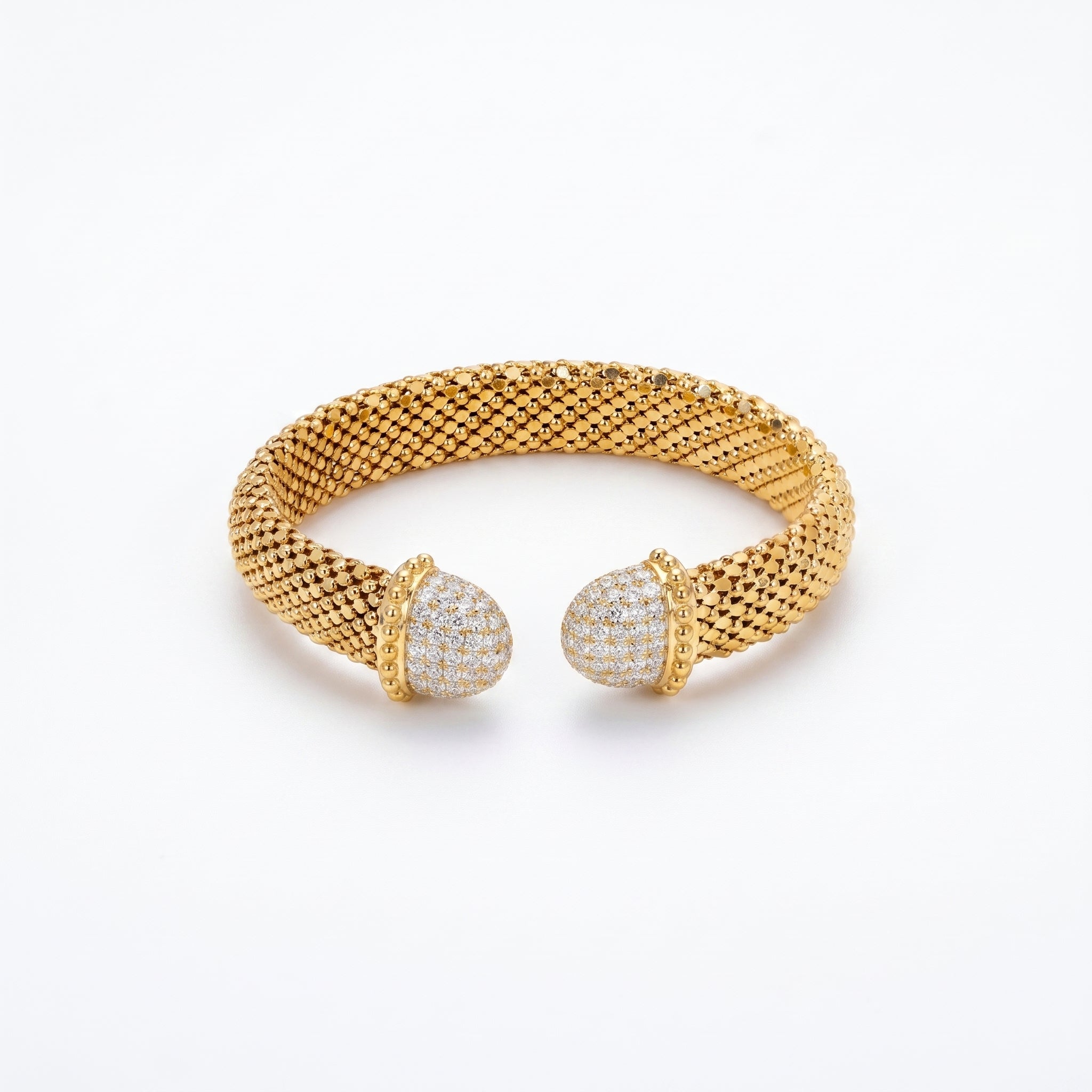 925 Silver Plated 18K Gold Italian Popcorn Mesh Chain With Full Diamond Hemispherical Opening Bracelet