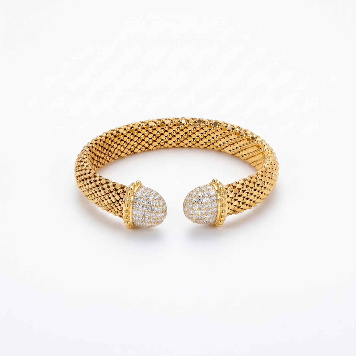 925 Silver Plated 18K Gold Italian Popcorn Mesh Chain With Full Diamond Hemispherical Opening Bracelet