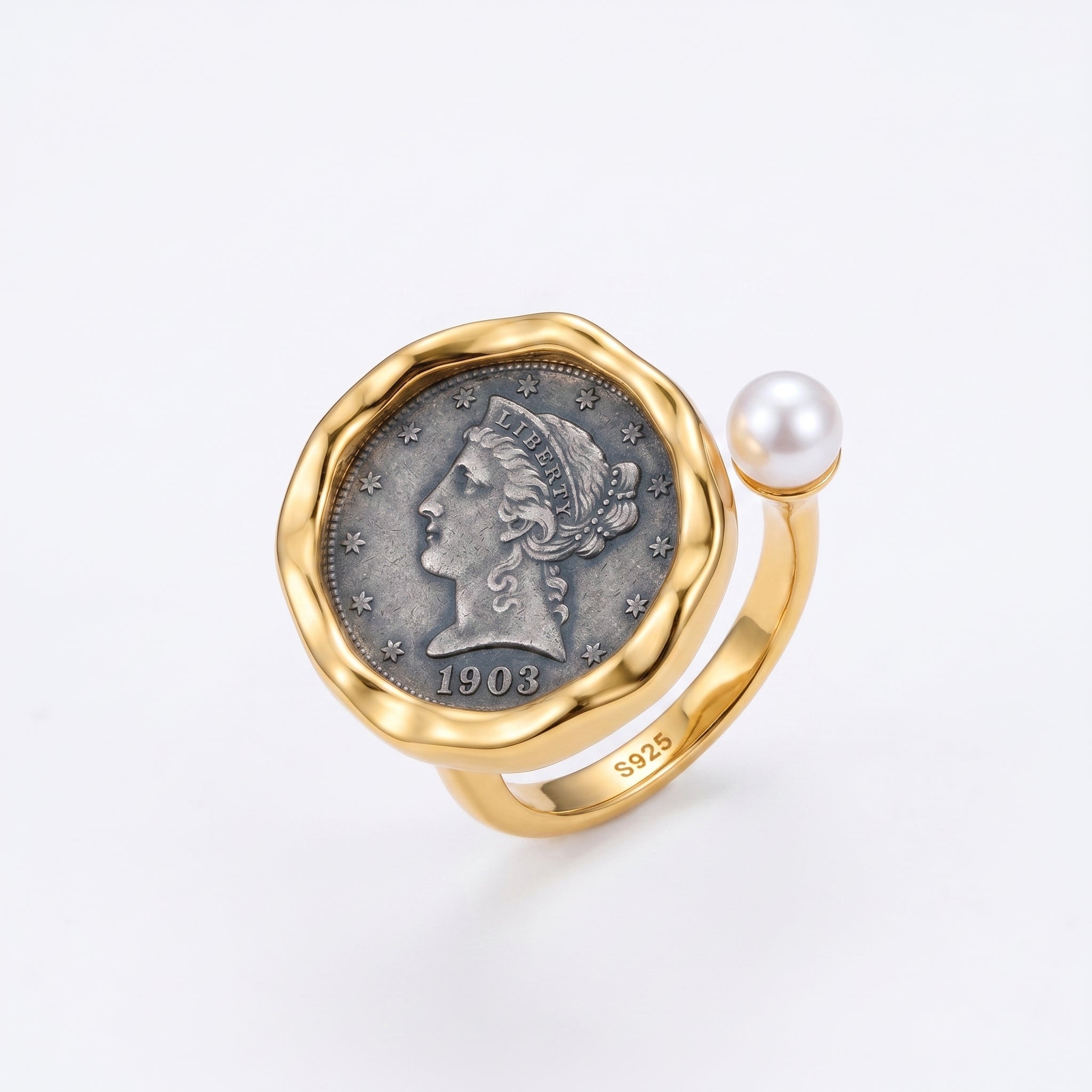 925 Silver Plated 18K Gold Italian Rock Pearl Open Ring