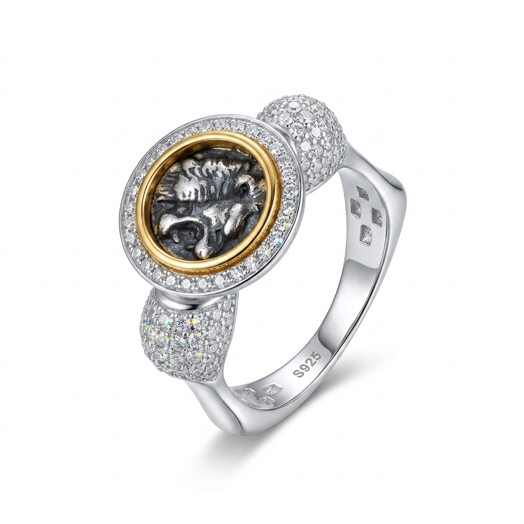 925 Silver Plated 18K Gold Italian Lion Square Ring