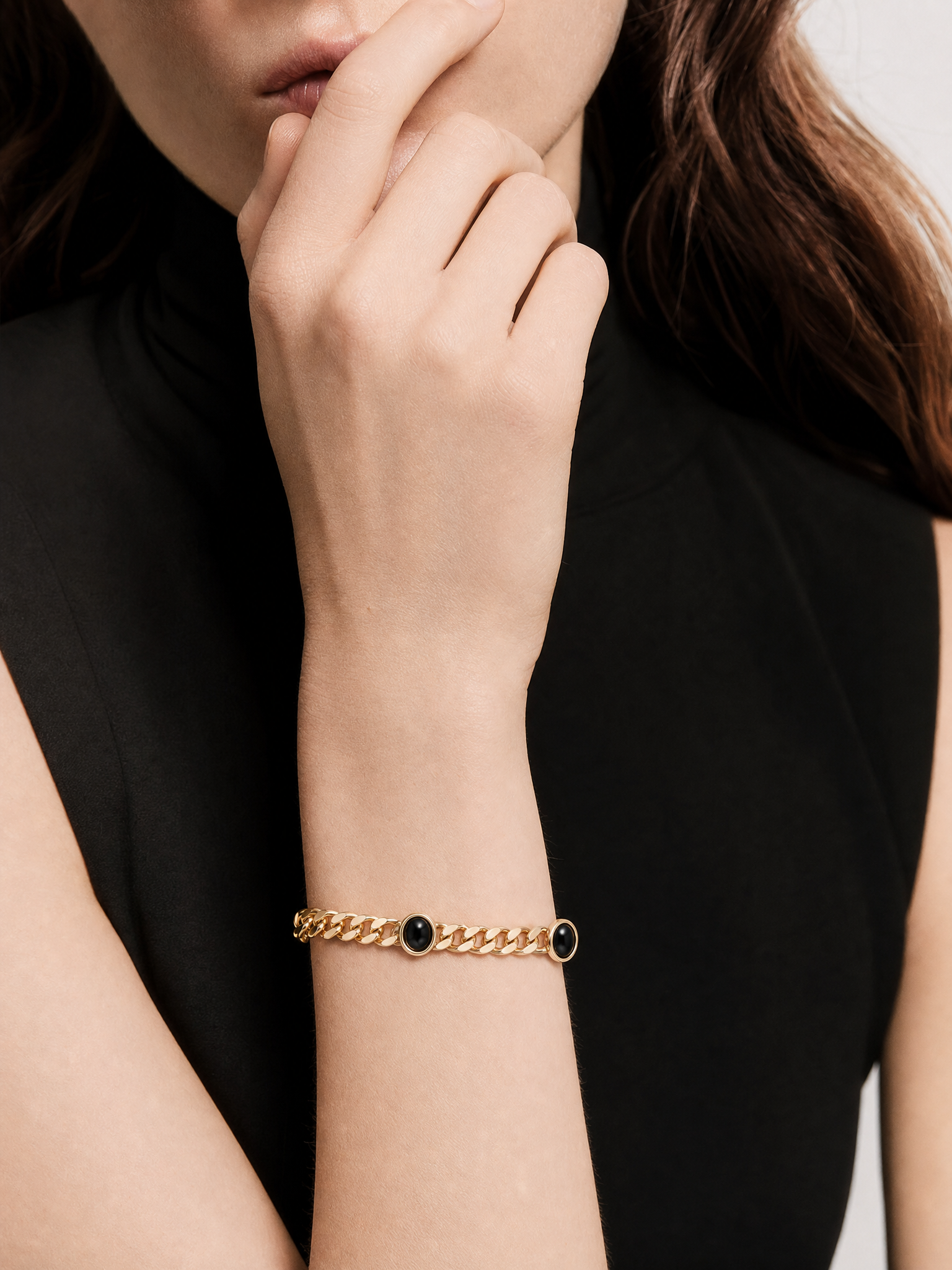 Cuban Link Bracelet with Black Oval Stones