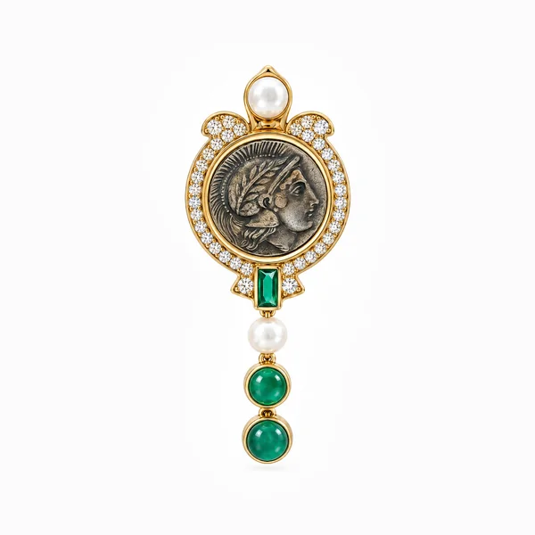 Wholesale sterling silver coin pearl brooch with green stones